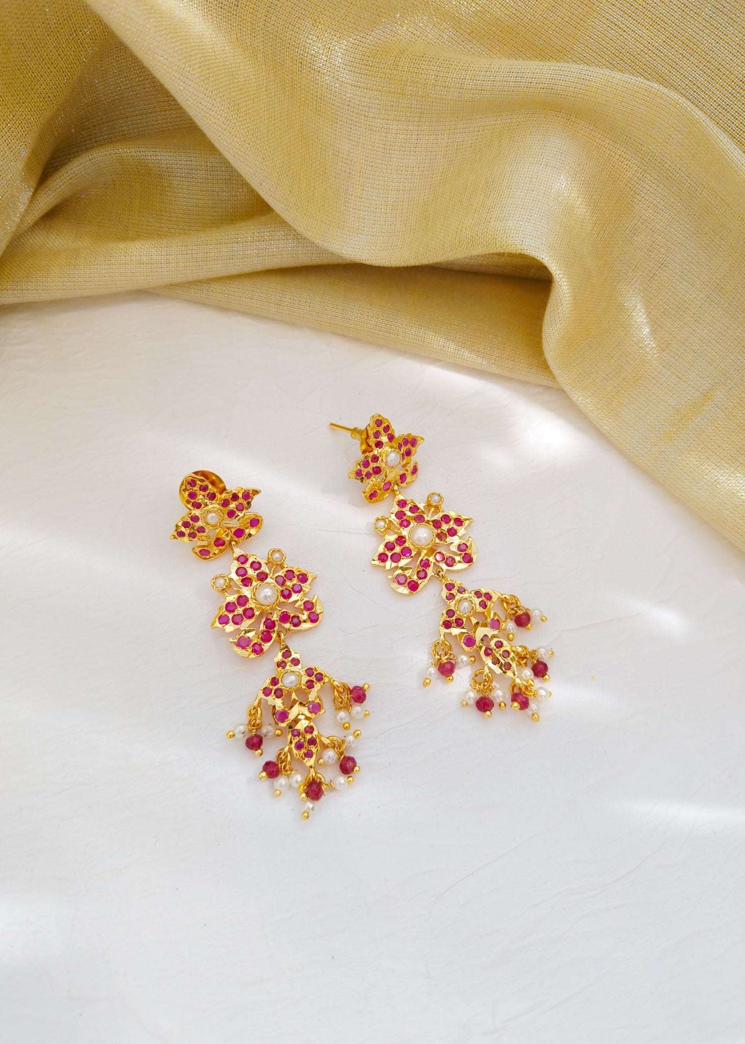 Long Gold Plated Ruby Pearl Jadau Earring