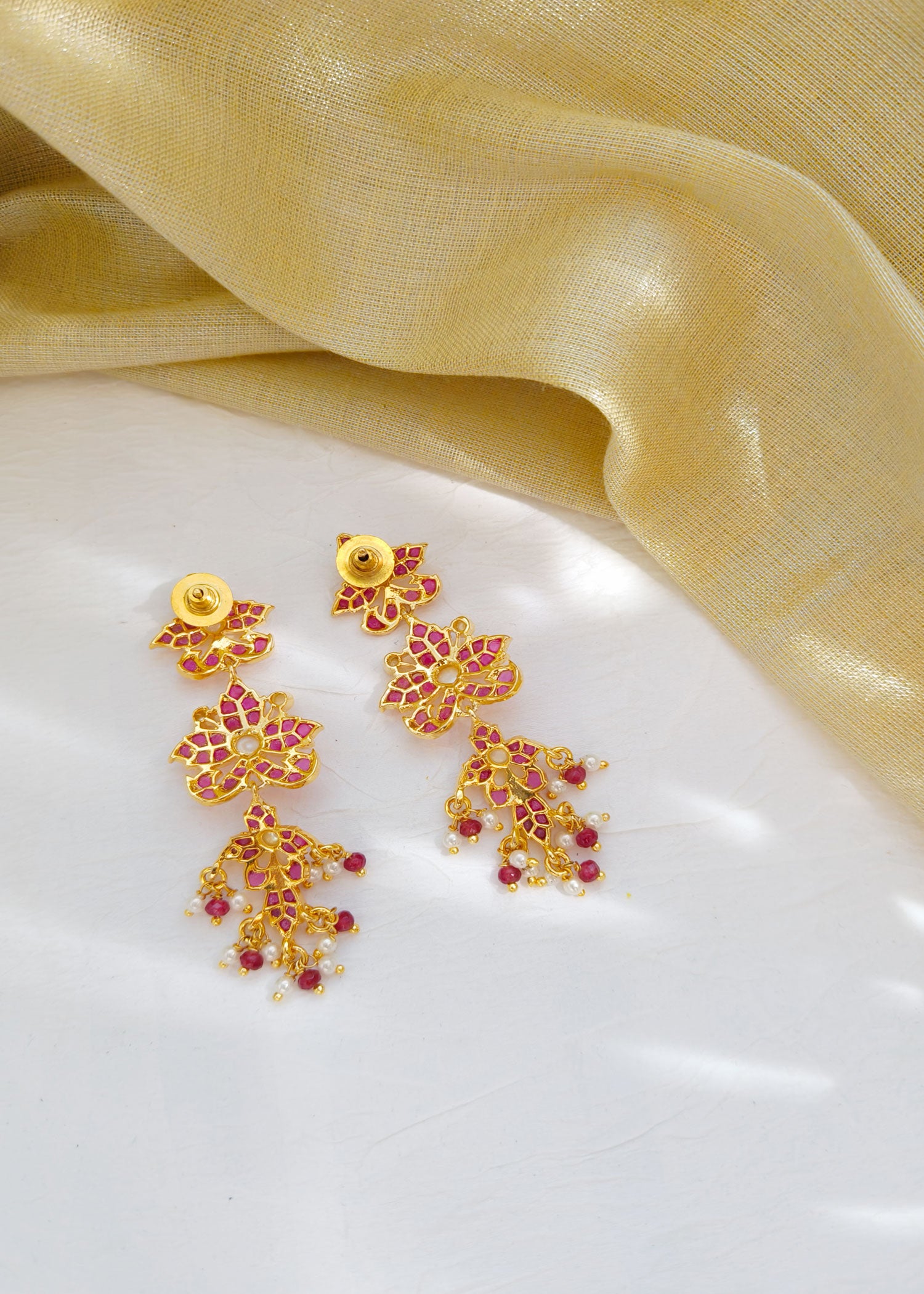 Long Gold Plated Ruby Pearl Jadau Earring