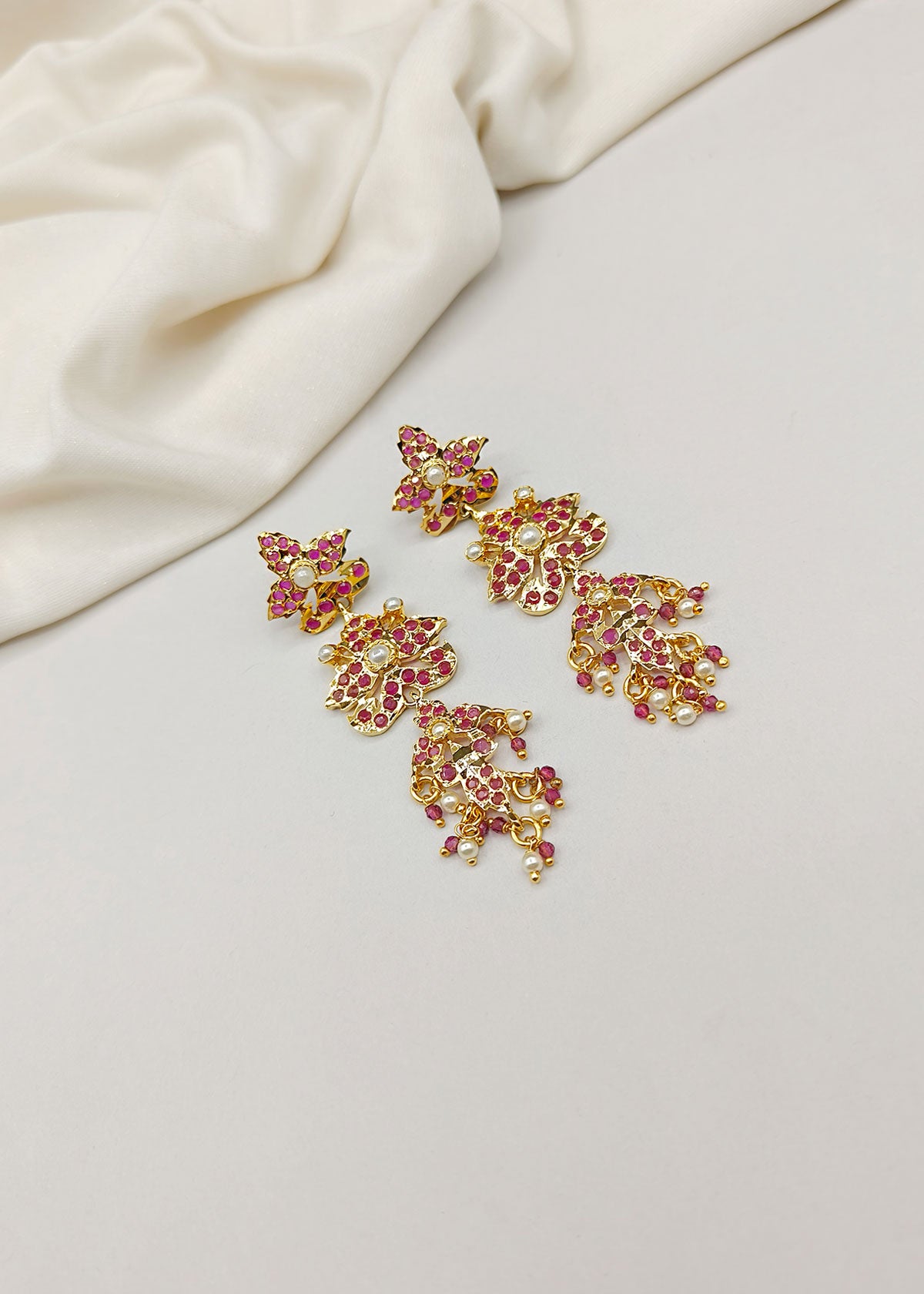 Floral Designer Long Jadau Gold Plated Navratna Earring