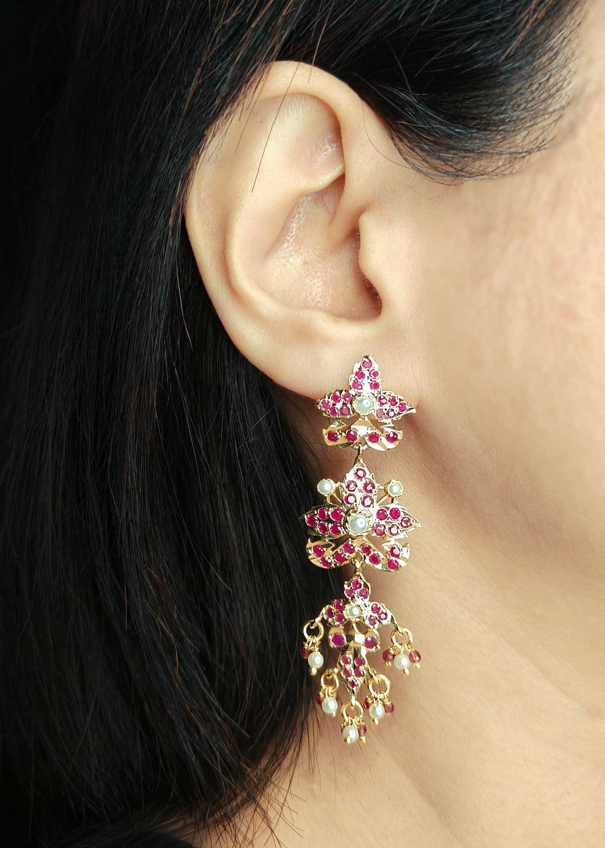 Floral Designer Long Jadau Gold Plated Navratna Earring