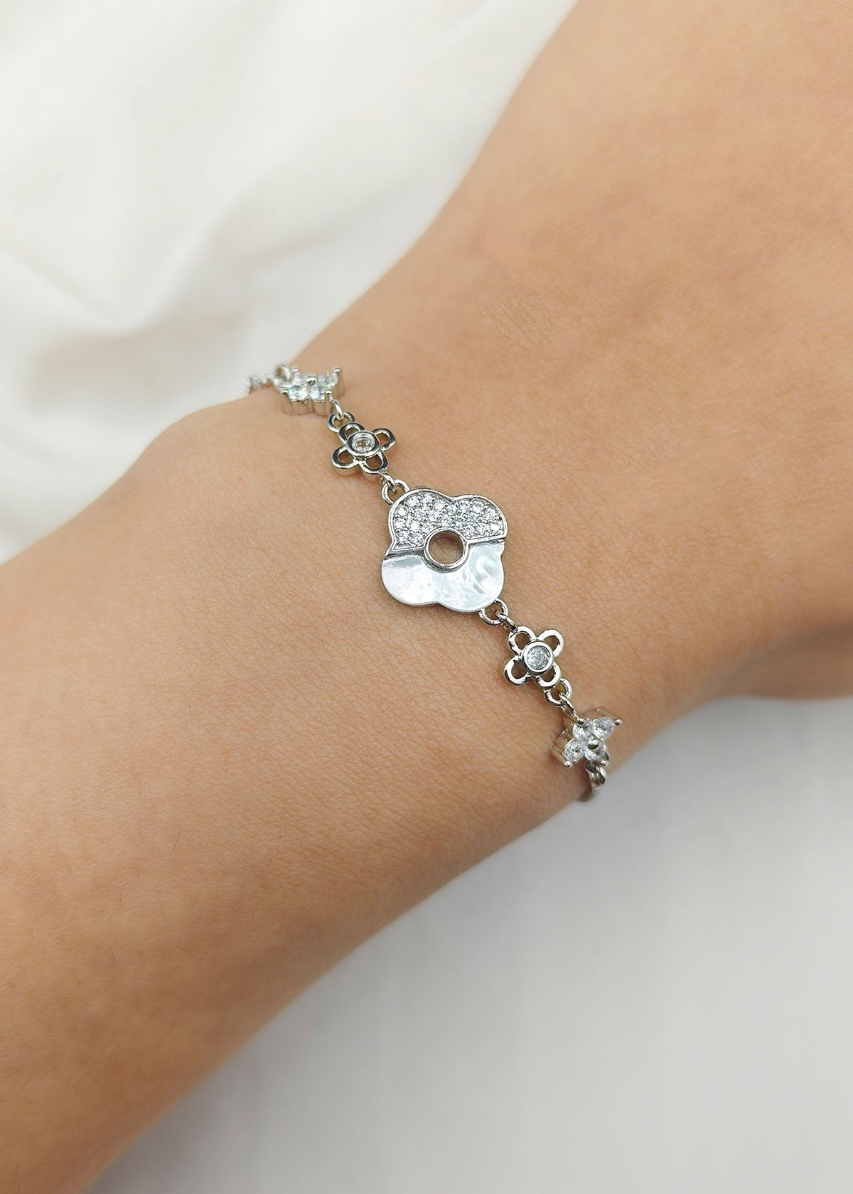 Cubic Zircon Floral Radiance Mother Of Pearl Adjustable Delicate Loose Bracelet