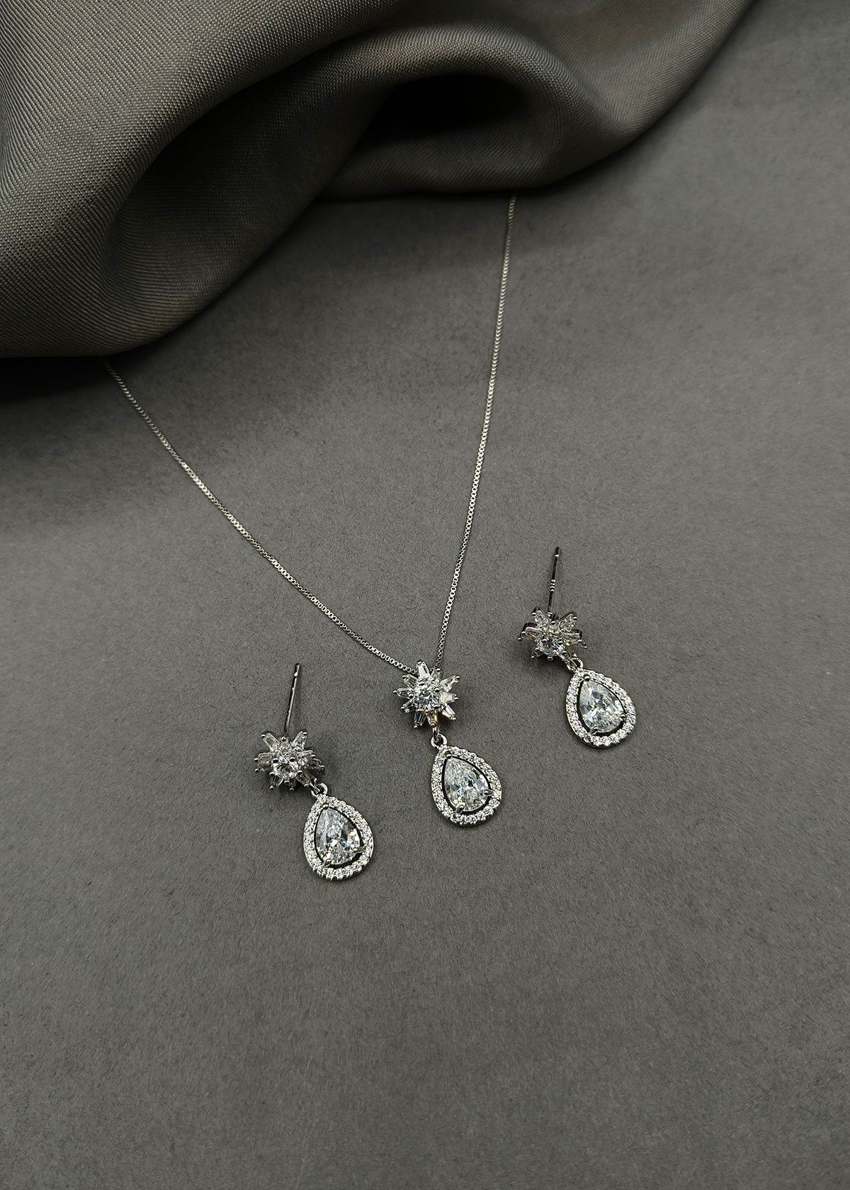 Cubic Zircon Crystal Bloom Drop Shape Delicate Pendant Set