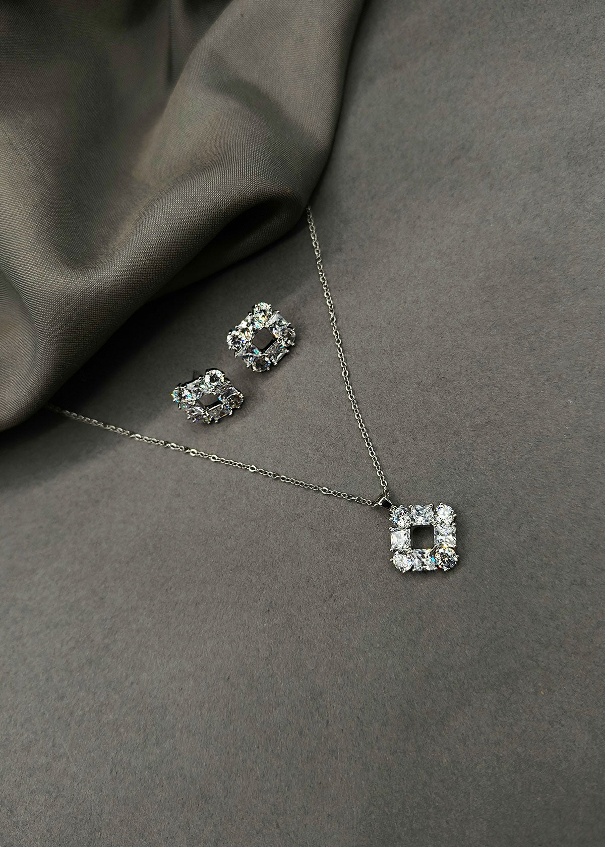 Cubic Zircon Crystal Square Elegance Delicate Pendant Set