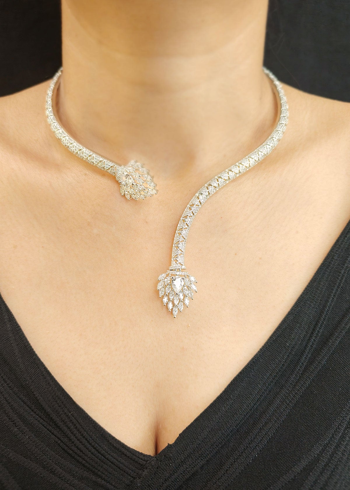 Radiant Collar Design Cubic Zircon With Marquise Stone Gold And Silver Plated Western Stiff Hasli Necklace Set