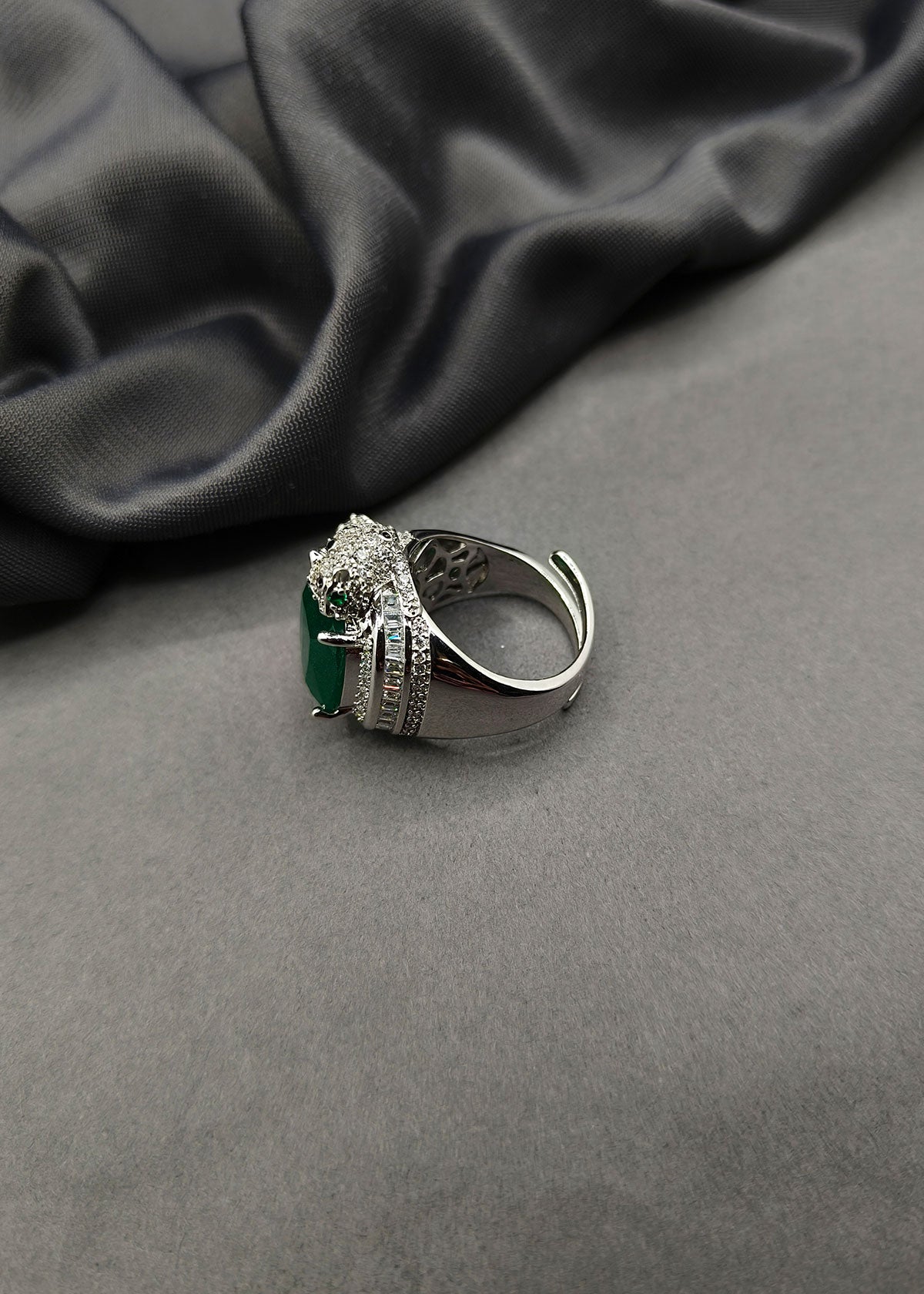 Sparkling Diamond Emerald Stone Panther Design Adjustable Big Finger Ring