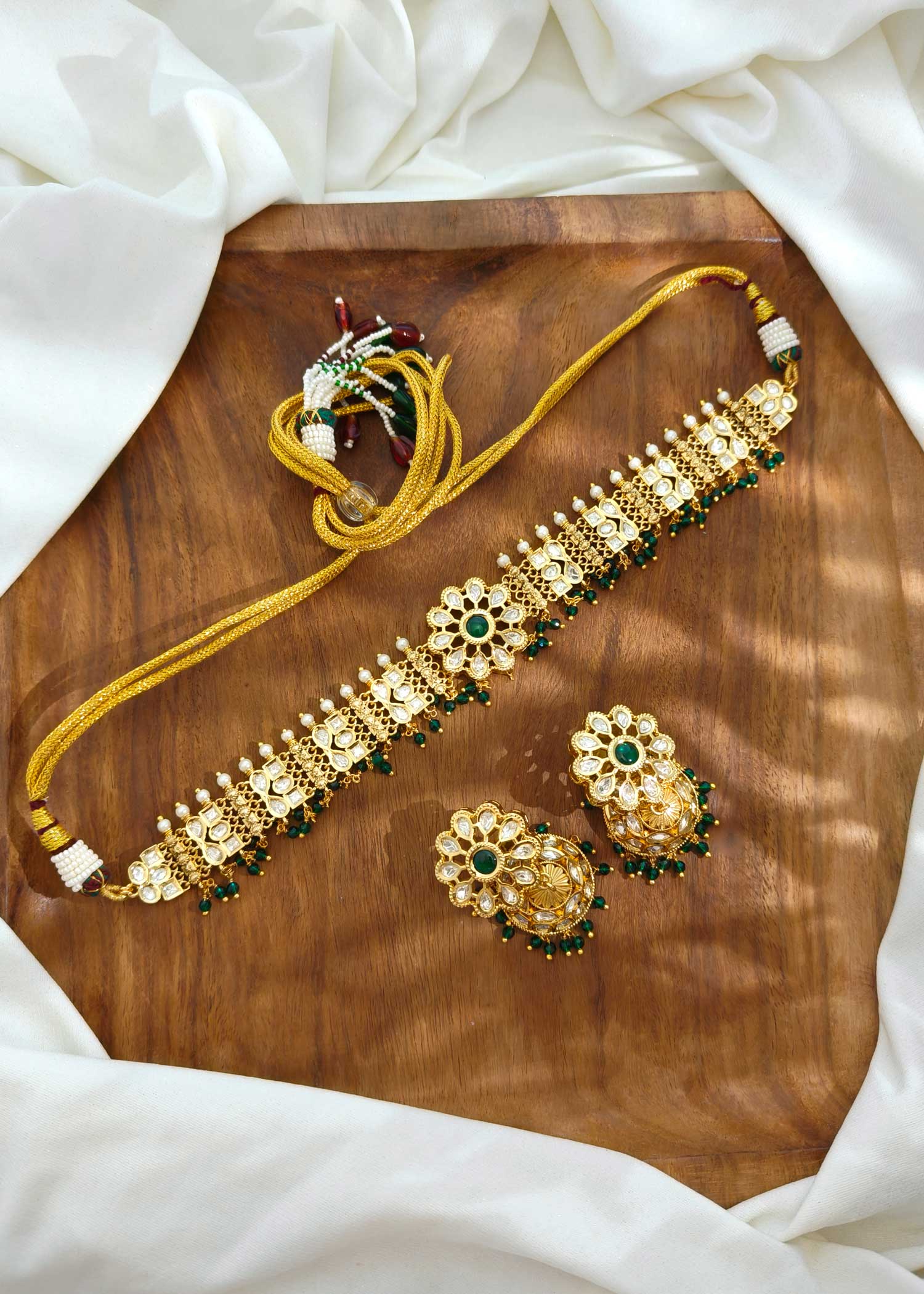 Floral Dark Green Pearl Kundan Choker Necklace Set