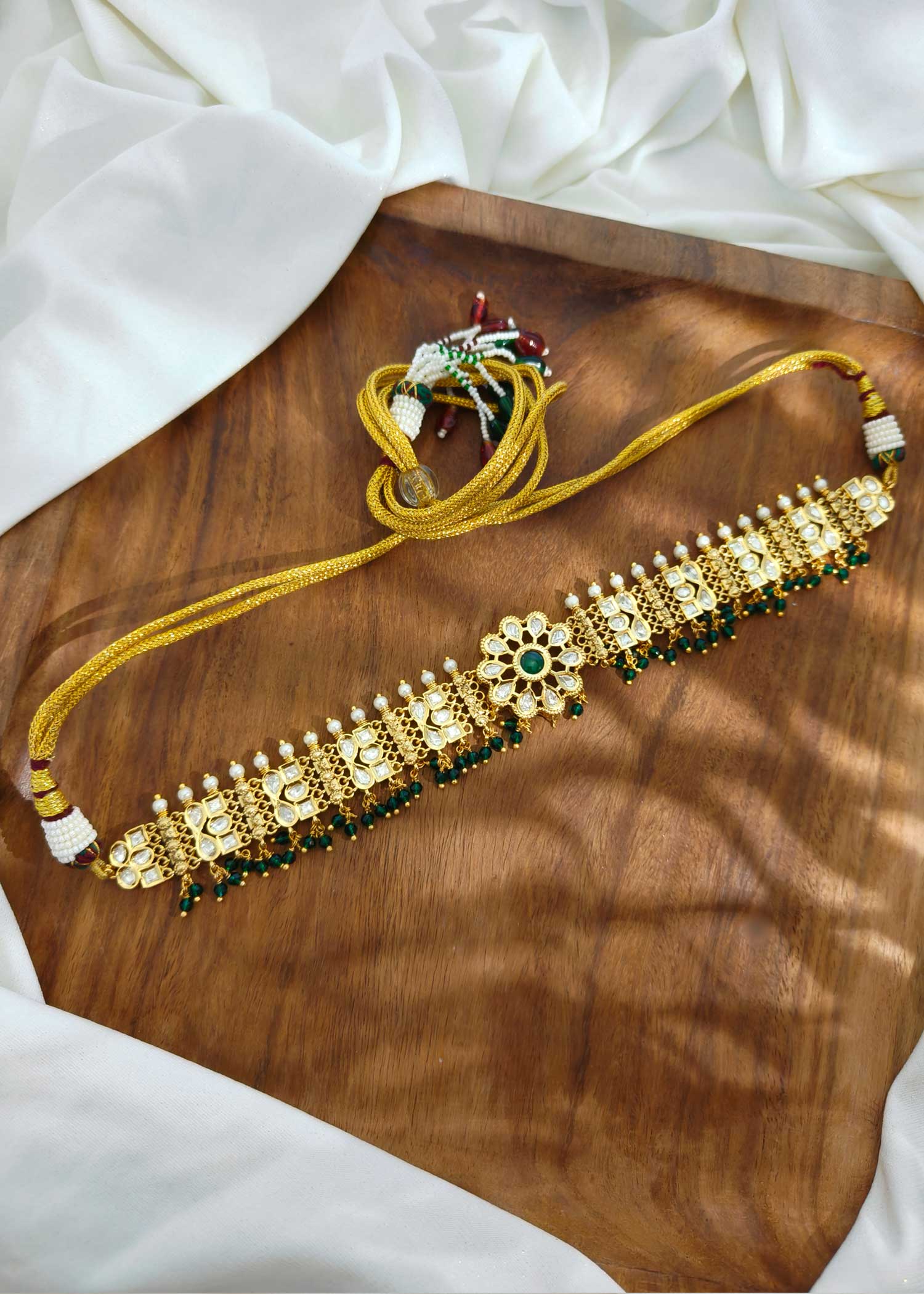 Floral Dark Green Pearl Kundan Choker Necklace Set