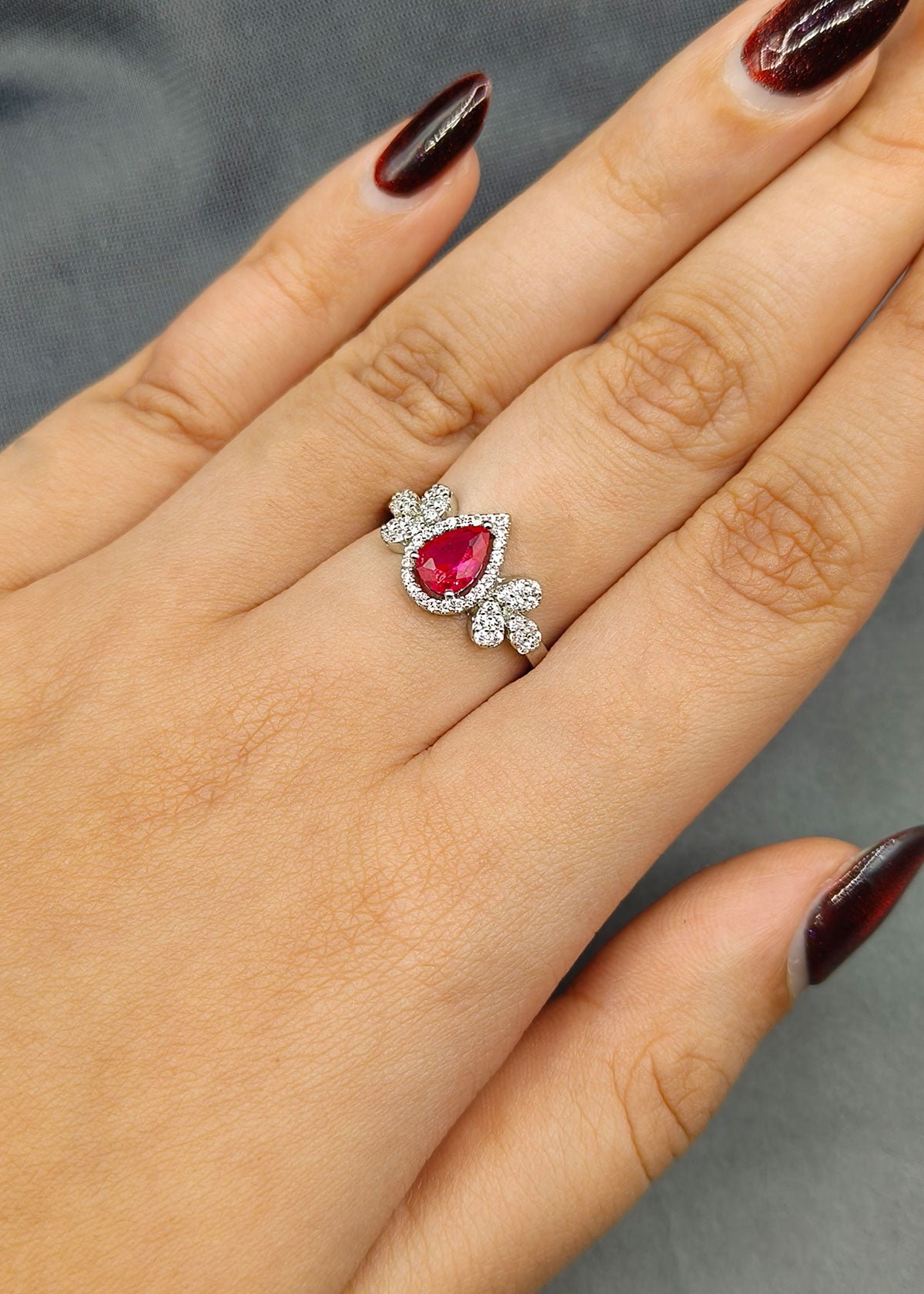 Elegant Teardrop Red And Blue Colour Stone Cubic Zircon Adjustable Small Finger Ring