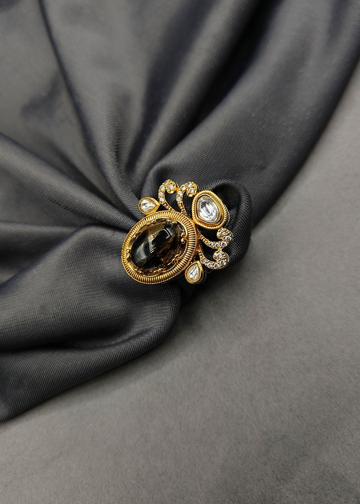 Victorian Polish Big Black Stone With Cubic Zircon Adjustable Kundan Finger Ring For Women