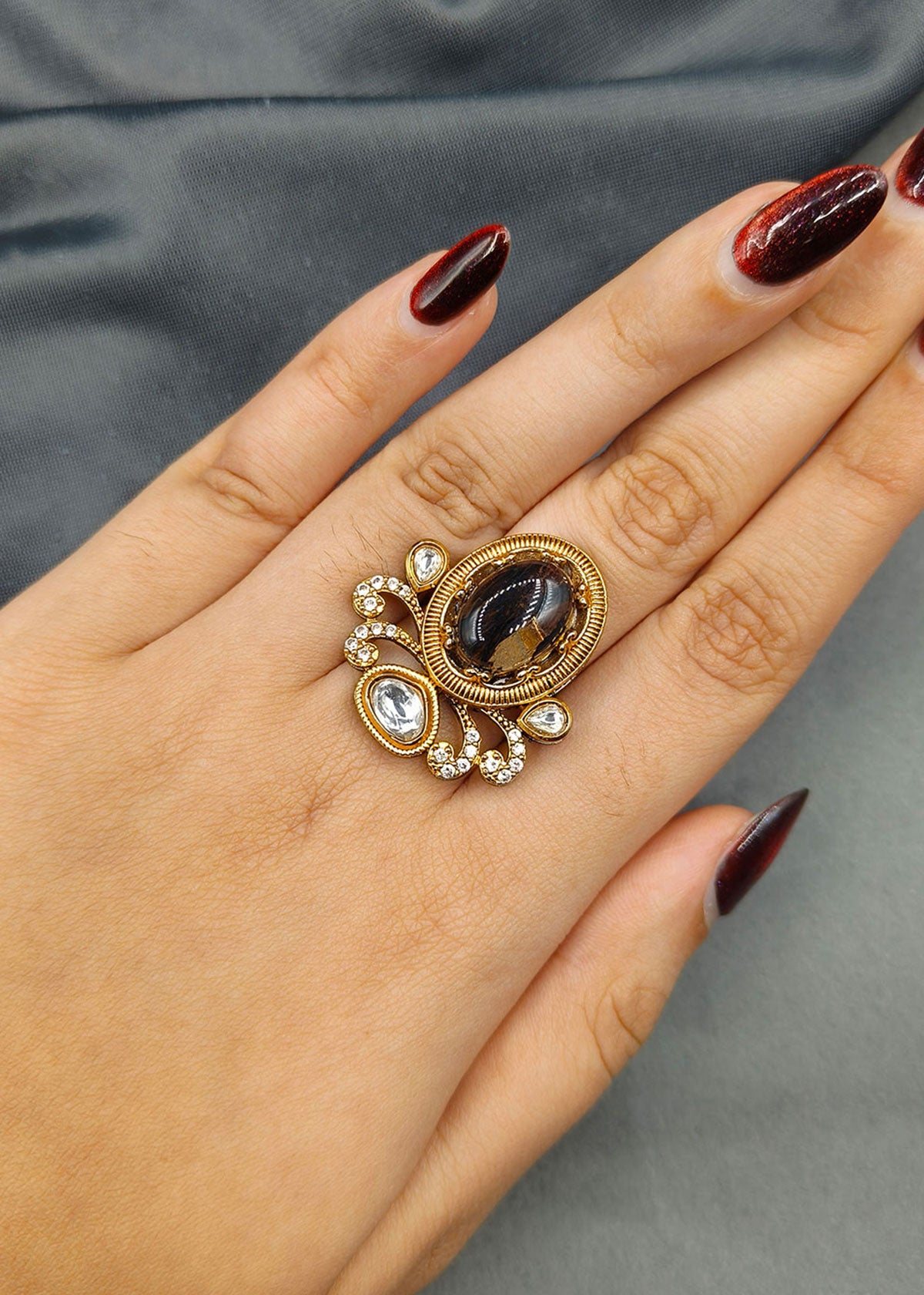 Victorian Polish Big Black Stone With Cubic Zircon Adjustable Kundan Finger Ring For Women