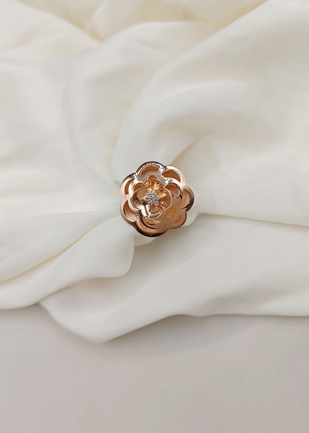92.5 Sterling Silver Floral Fantasy Rose Gold Diamond Adjustable Big Finger Ring