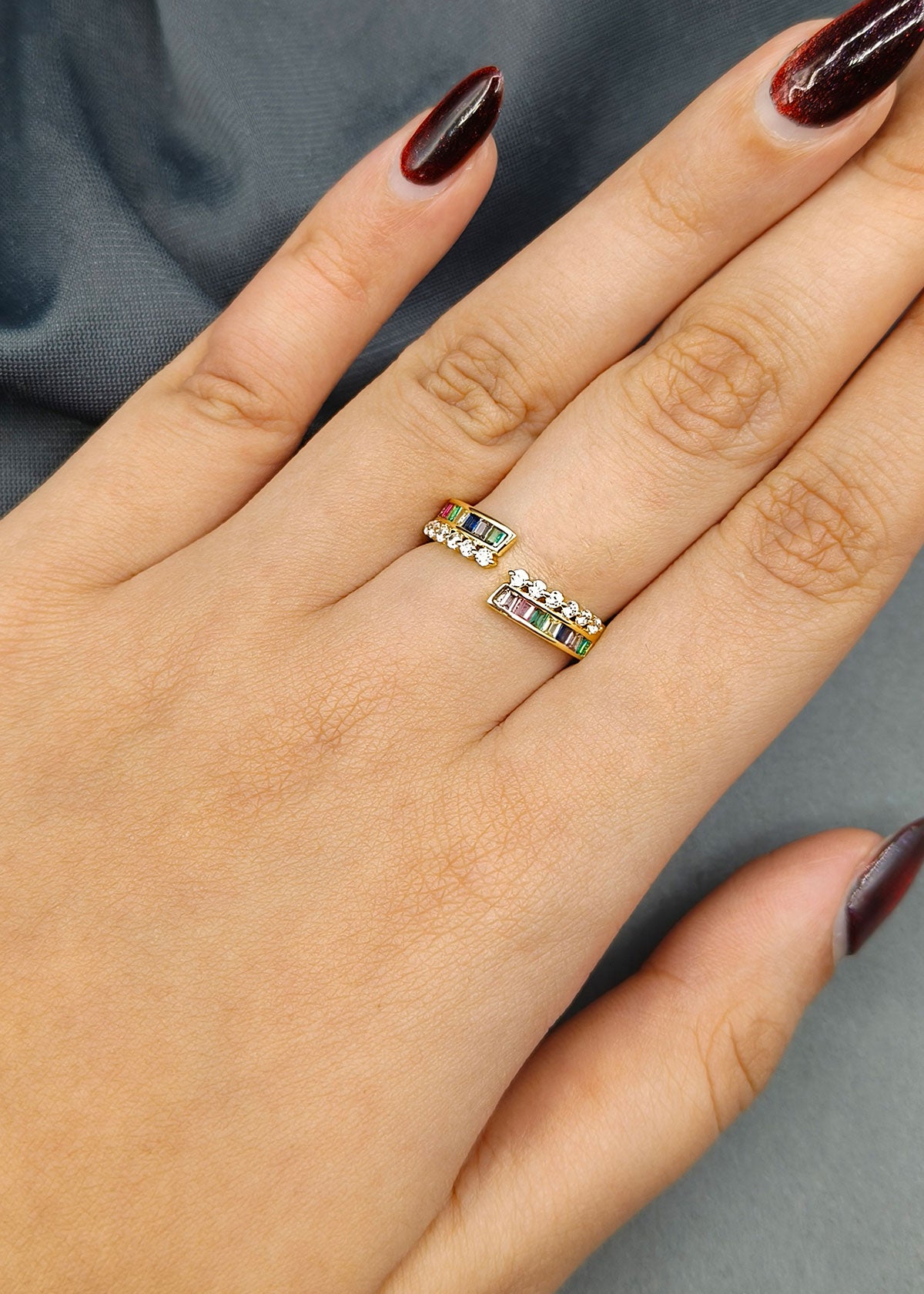 Colorful Baguette Diamond Delicate Gold Plated Adjustable Finger Ring