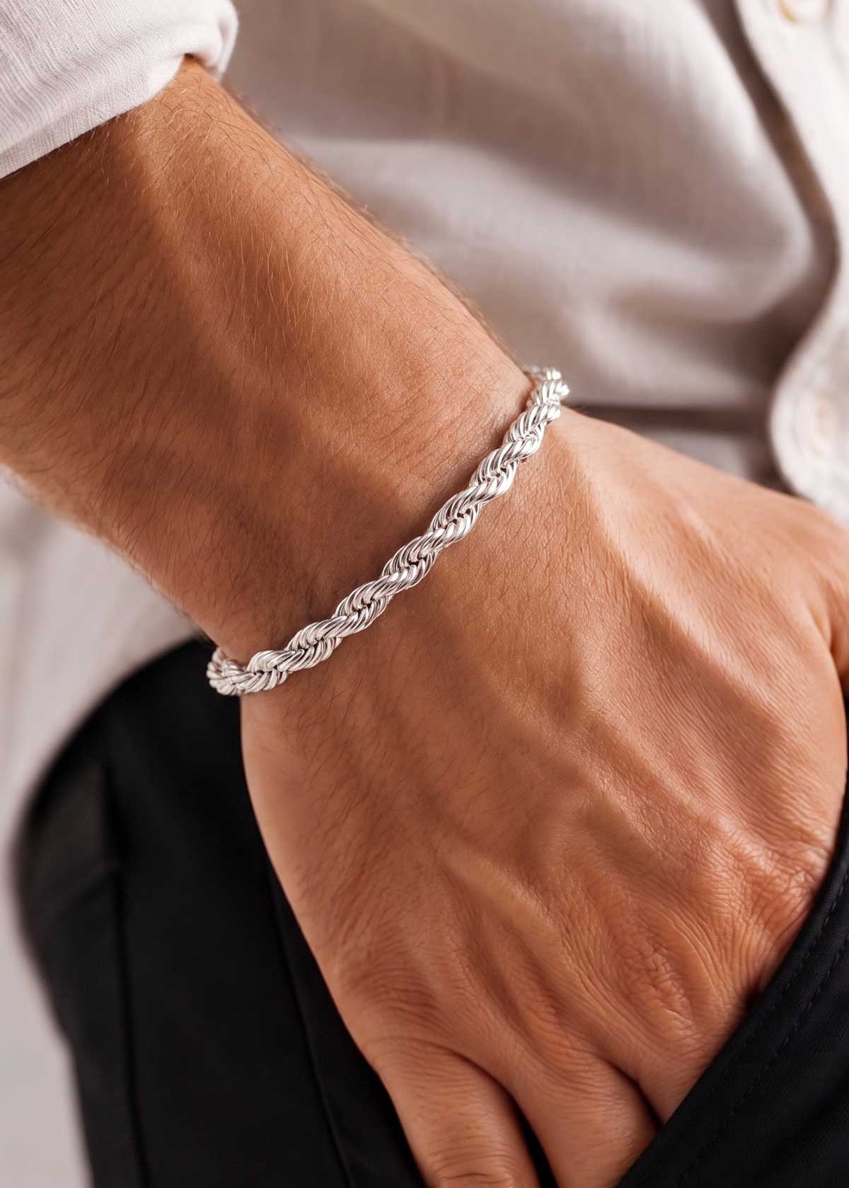 92.5 Sterling Silver Minimalist Rope Style Men Loose Bracelet