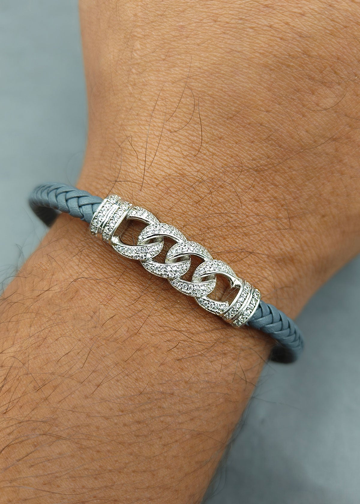 92.5 Sterling Silver Cubic Zircon Grey Belt Chain Link Style Men Loose Bracelet