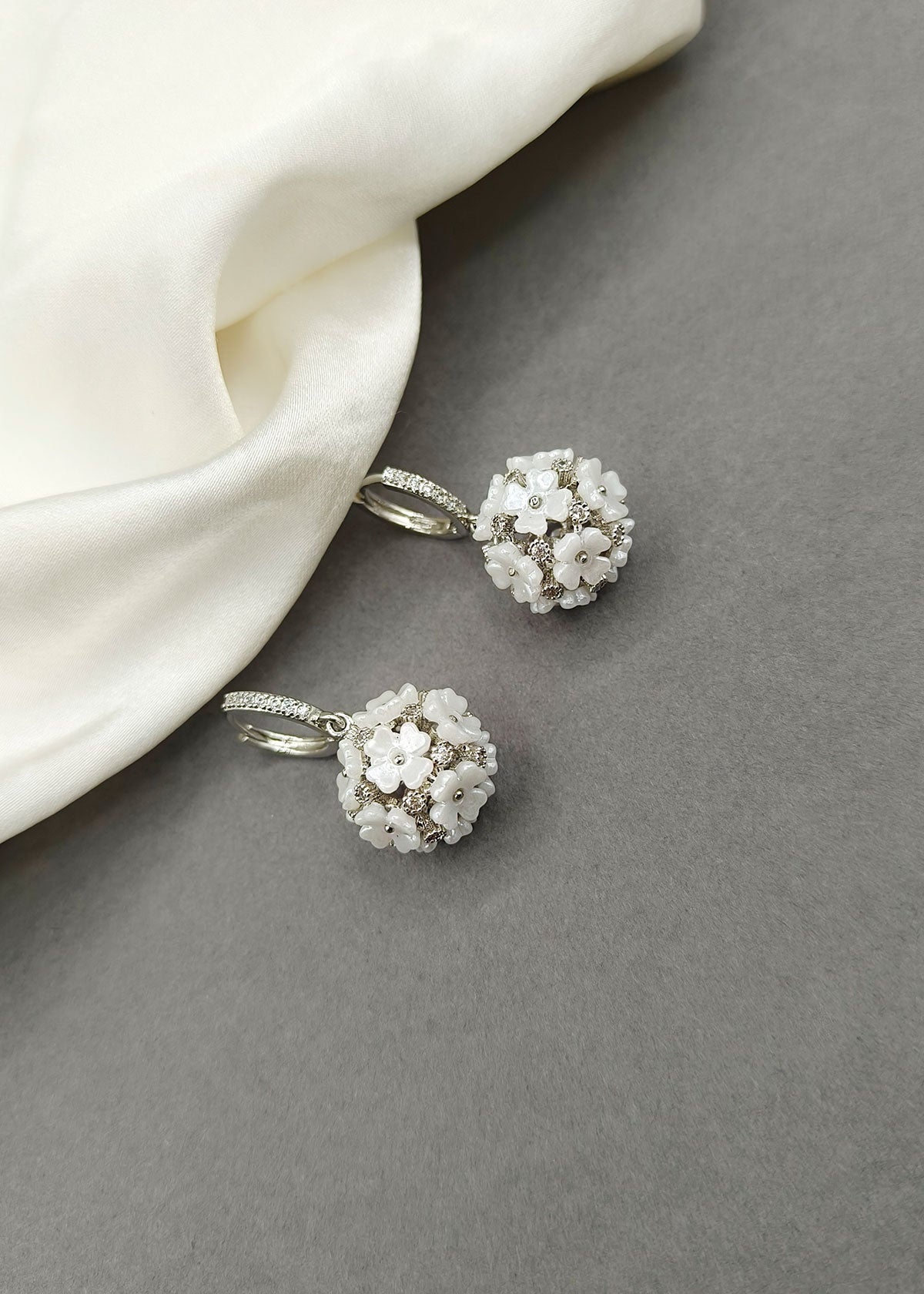 Silver Plated White Floral Cluster Ball Drop Diamond Bali Earrings For Women