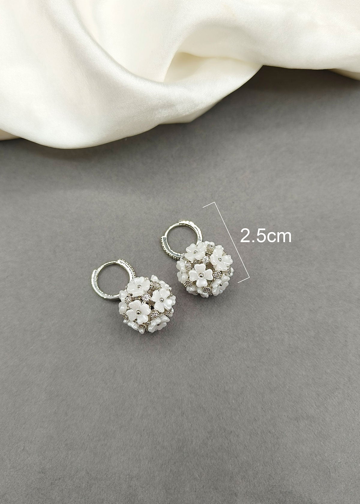 Silver Plated White Floral Cluster Ball Drop Diamond Bali Earrings For Women