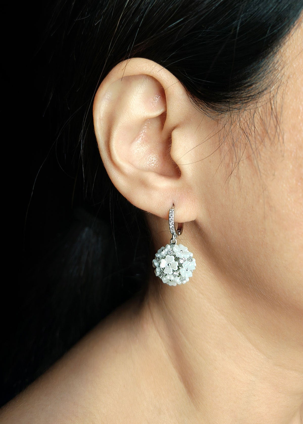 Silver Plated White Floral Cluster Ball Drop Diamond Bali Earrings For Women