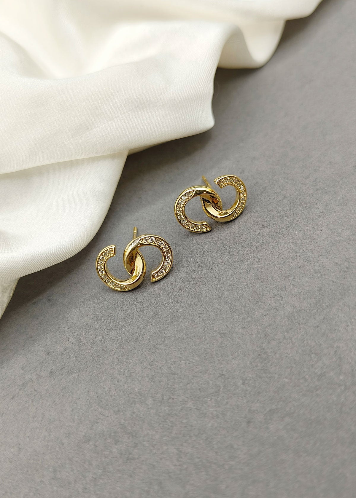Classic Interlink Gold And Silver Plated Small Diamond Stud Earrings For Women