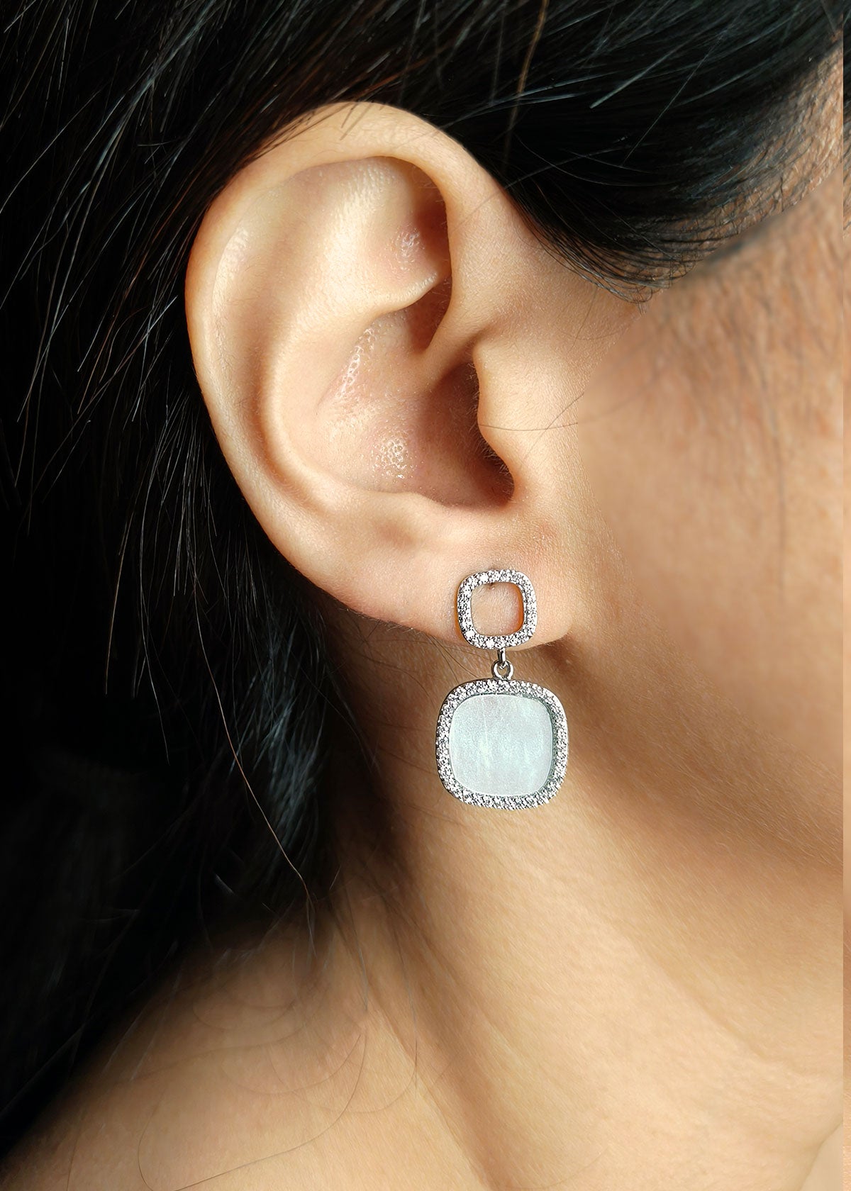 Square Shape Mother Of Pearl Silver Plated Diamond Earring For Women