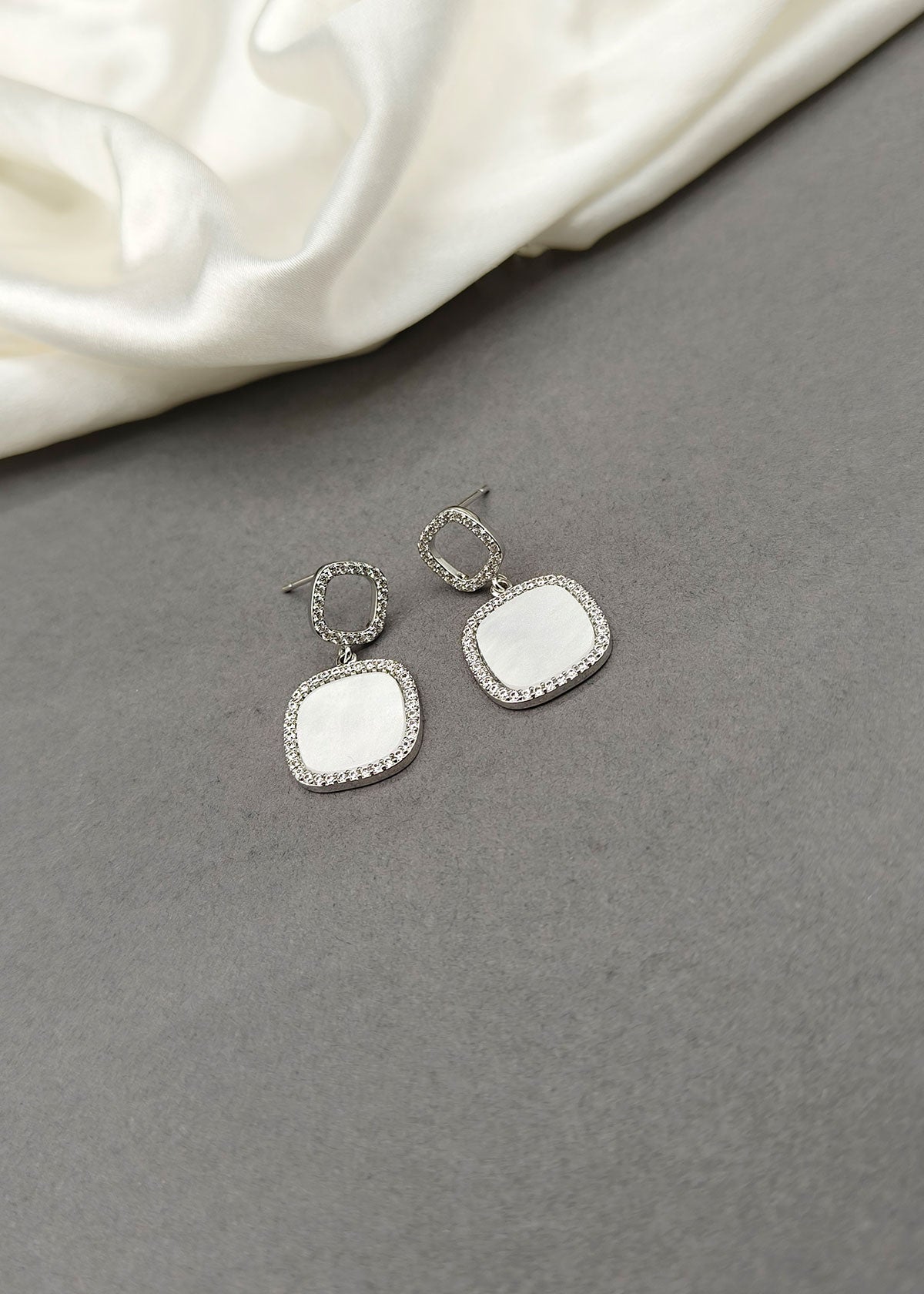 Square Shape Mother Of Pearl Silver Plated Diamond Earring For Women