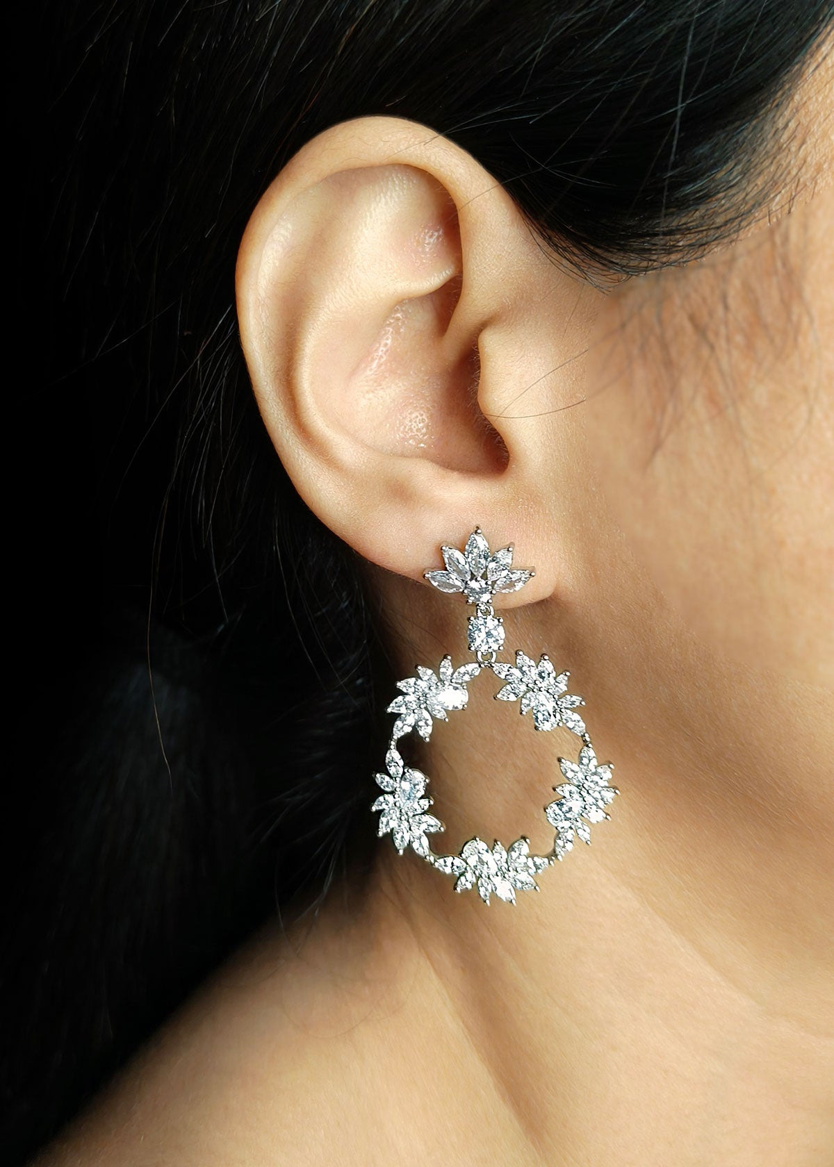 Crystals Sparkling Marquise Diamond Silver Plated Long Earring For Women