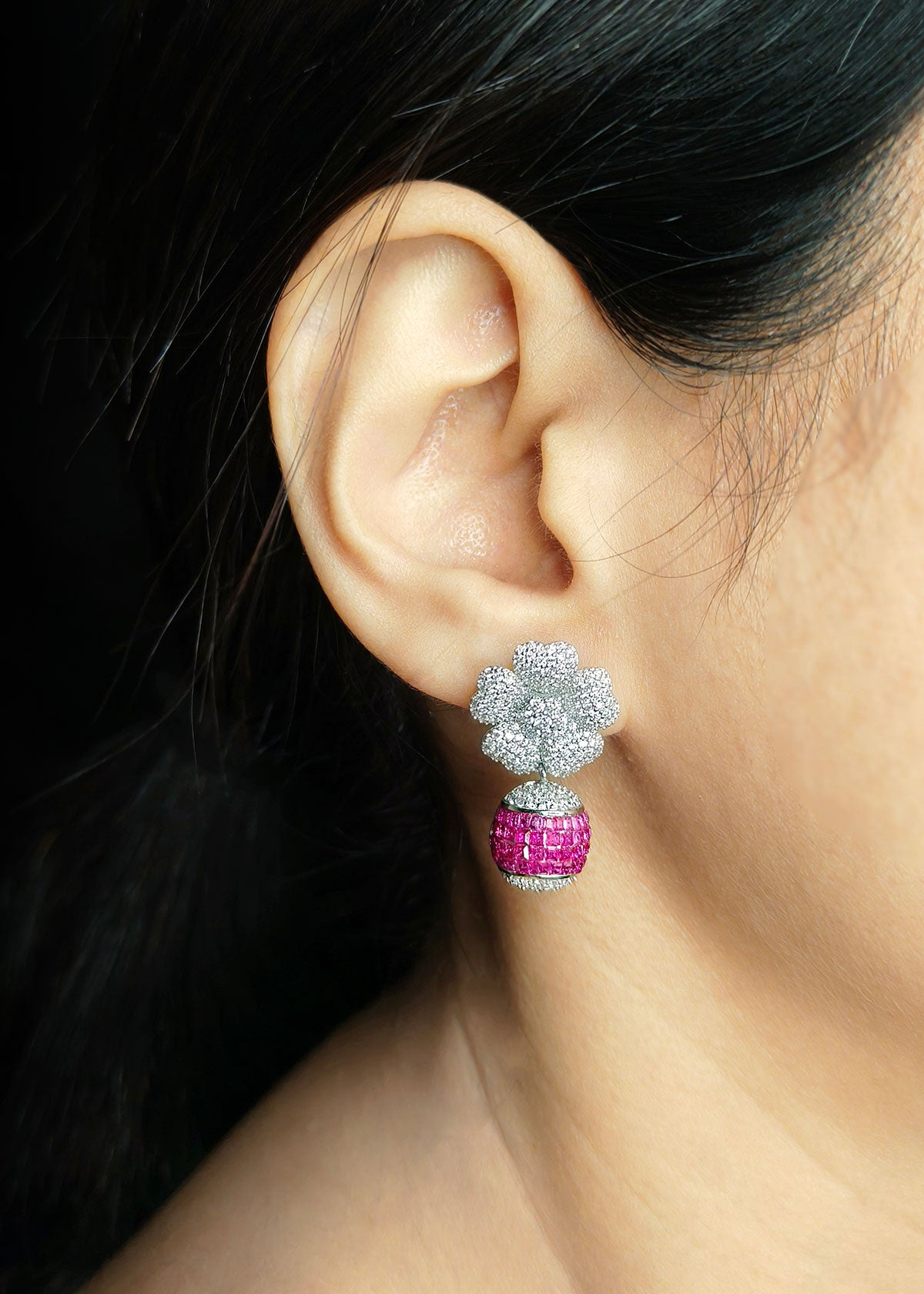 Sparkling Diamond Floral Droplet Pink Small Earrings For Women