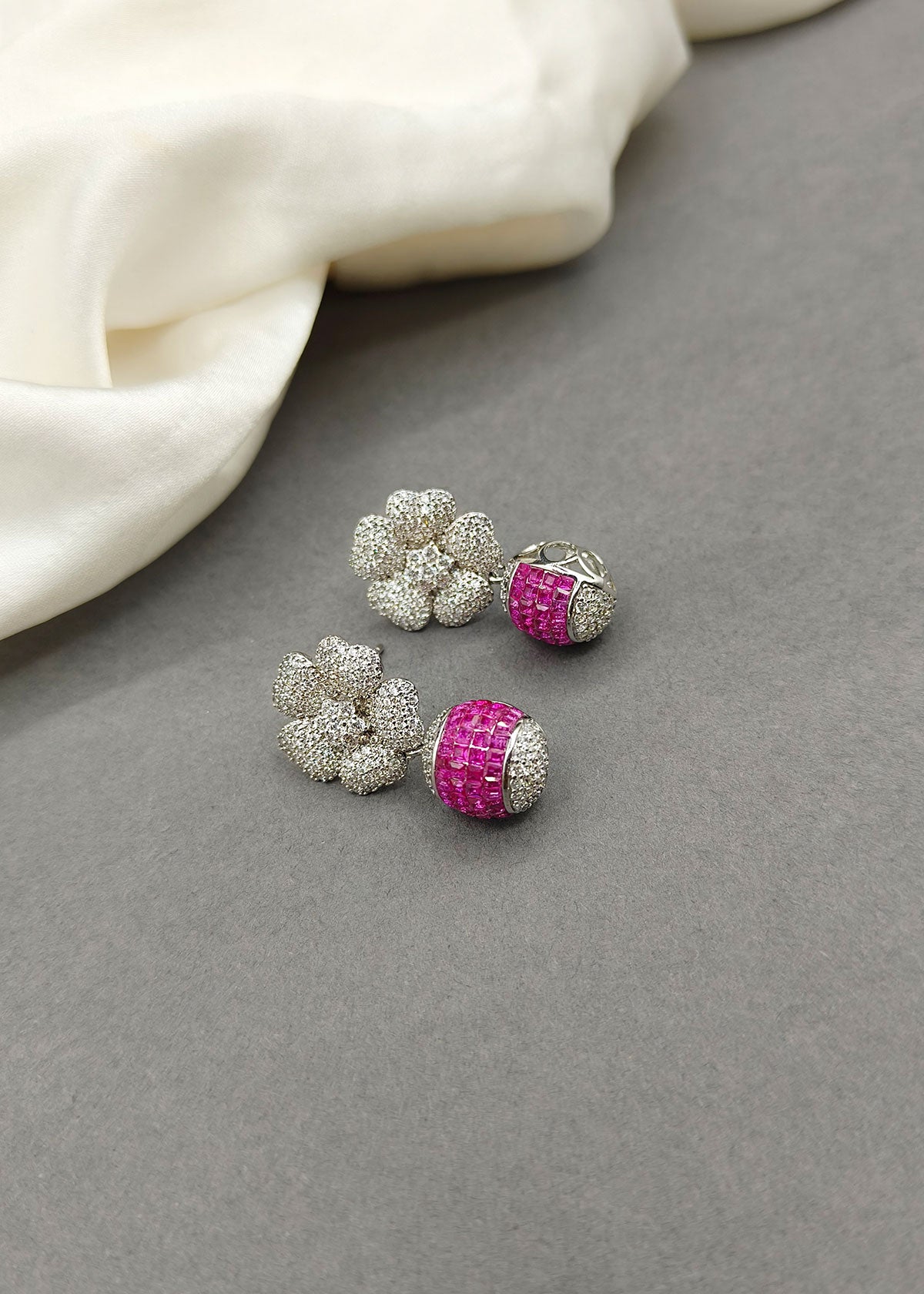Sparkling Diamond Floral Droplet Pink Small Earrings For Women