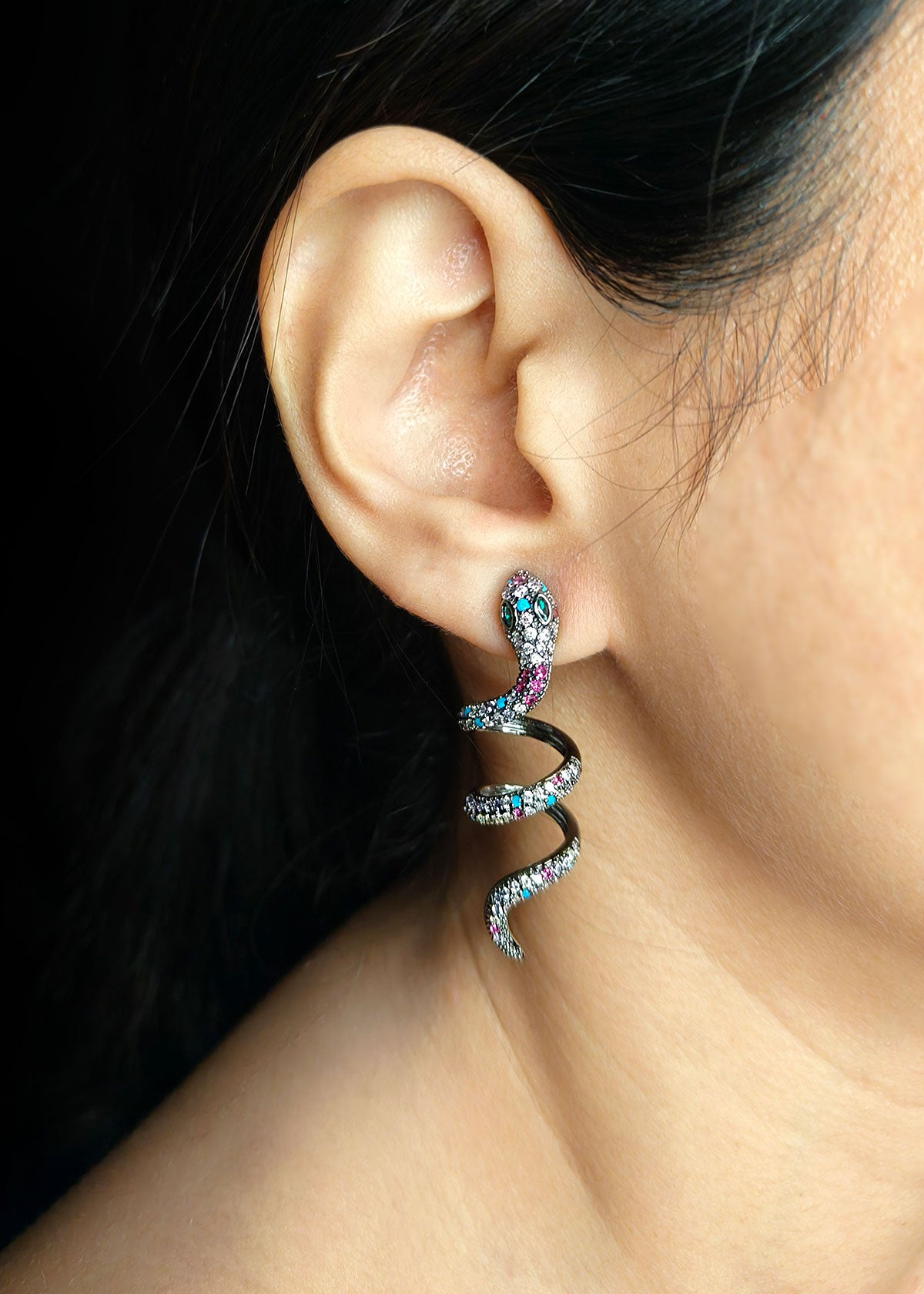 Snake Designer Multicolour Black Polish Diamond Earring For Women
