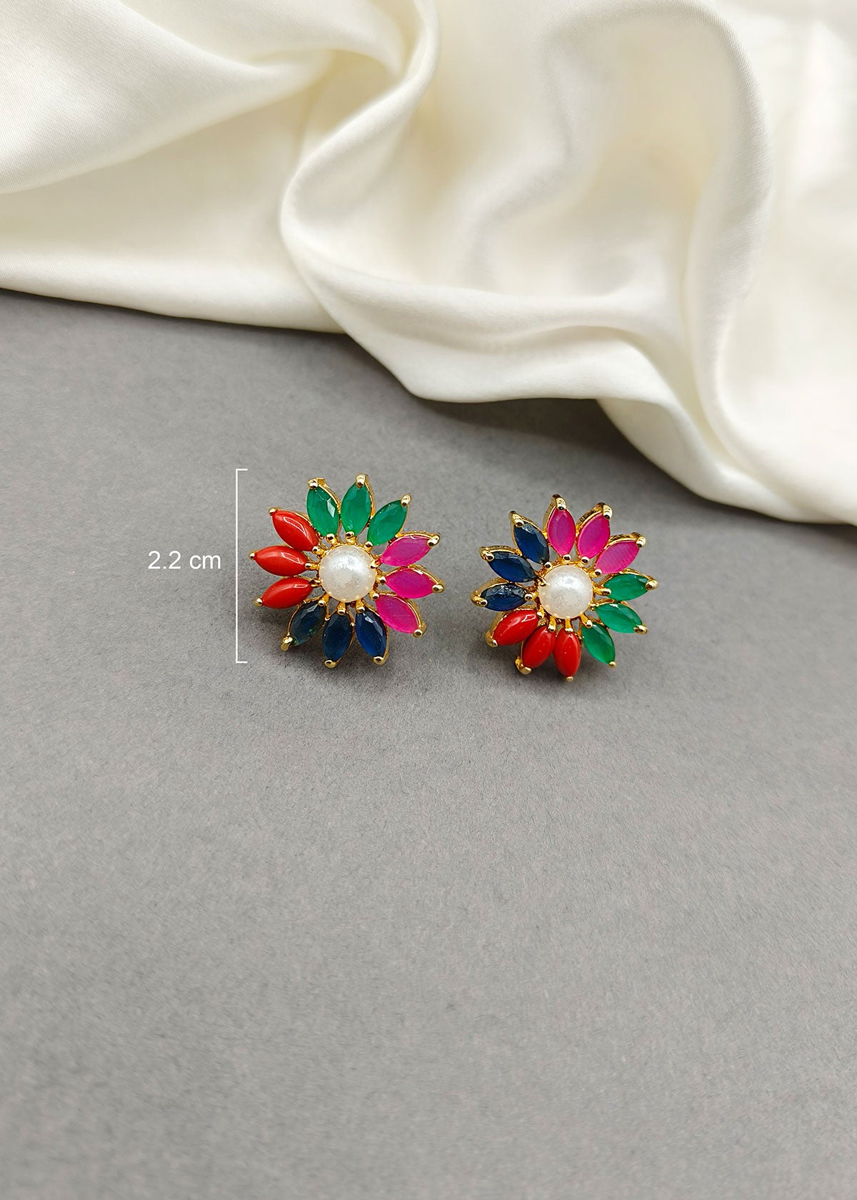 Navratna Floral Design Pearl Small Stud Earring For Women