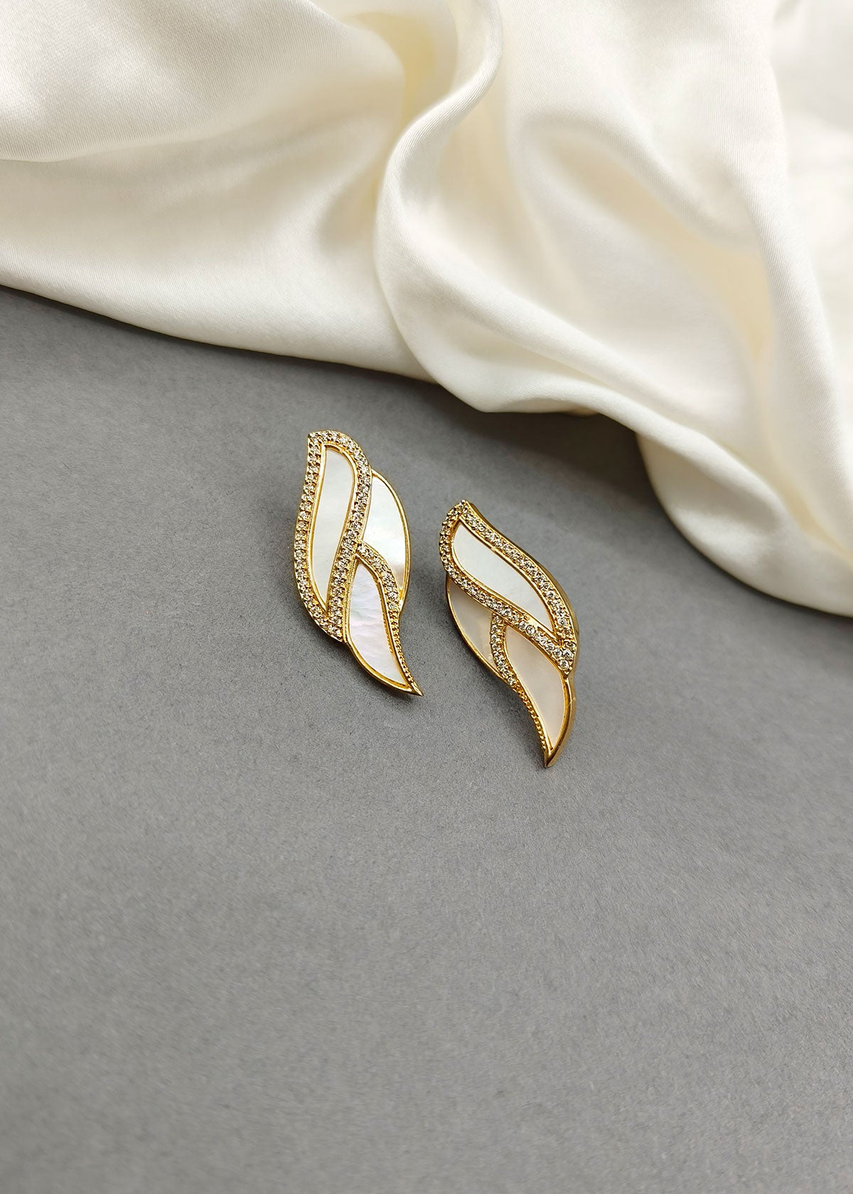 Elegant Leaf Design Mother of Pearl Gold Plated Diamond Stud Earring For Women