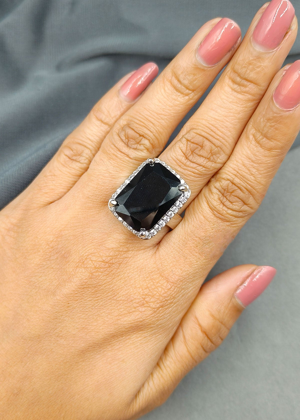 Silver Plated Sparkling Diamond Square Shape Black Adjustable Big Finger Ring