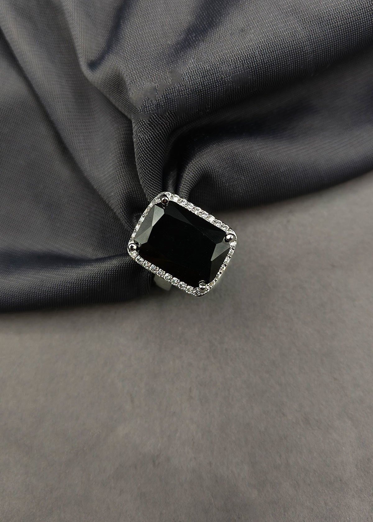 Silver Plated Sparkling Diamond Square Shape Black Adjustable Big Finger Ring