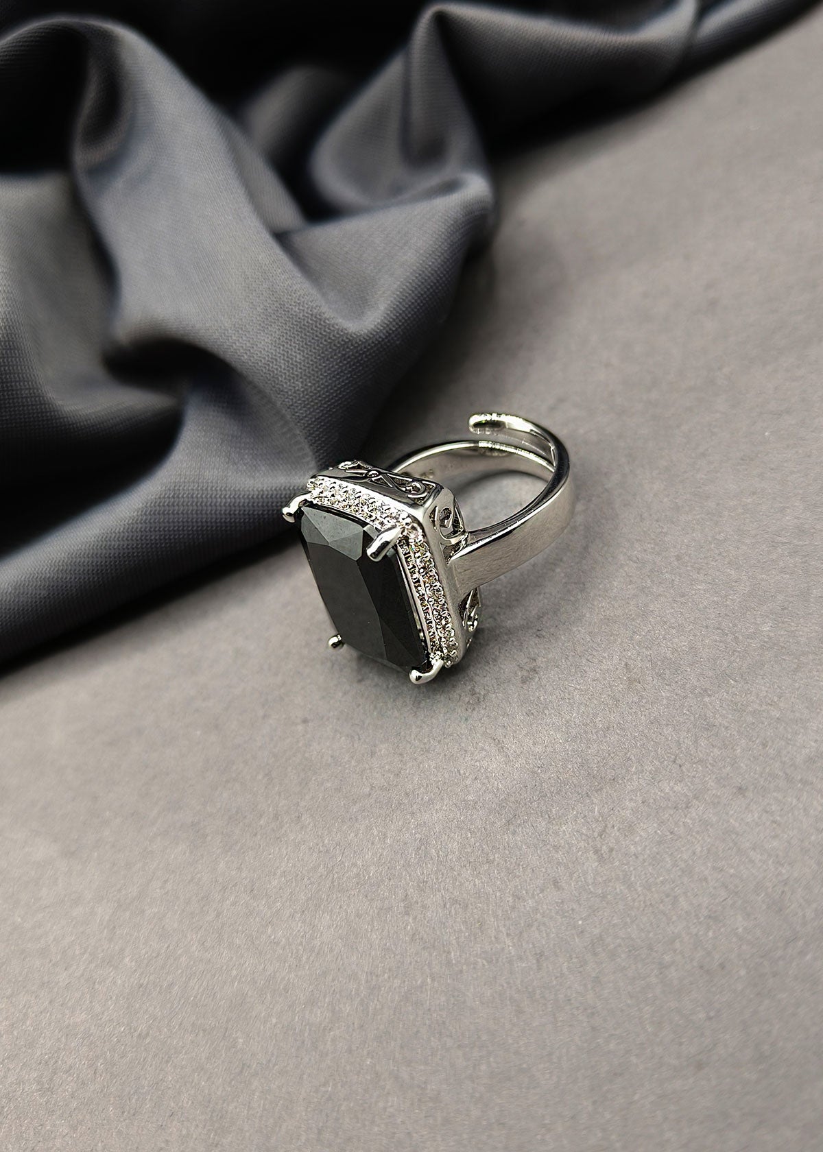 Silver Plated Sparkling Diamond Square Shape Black Adjustable Big Finger Ring