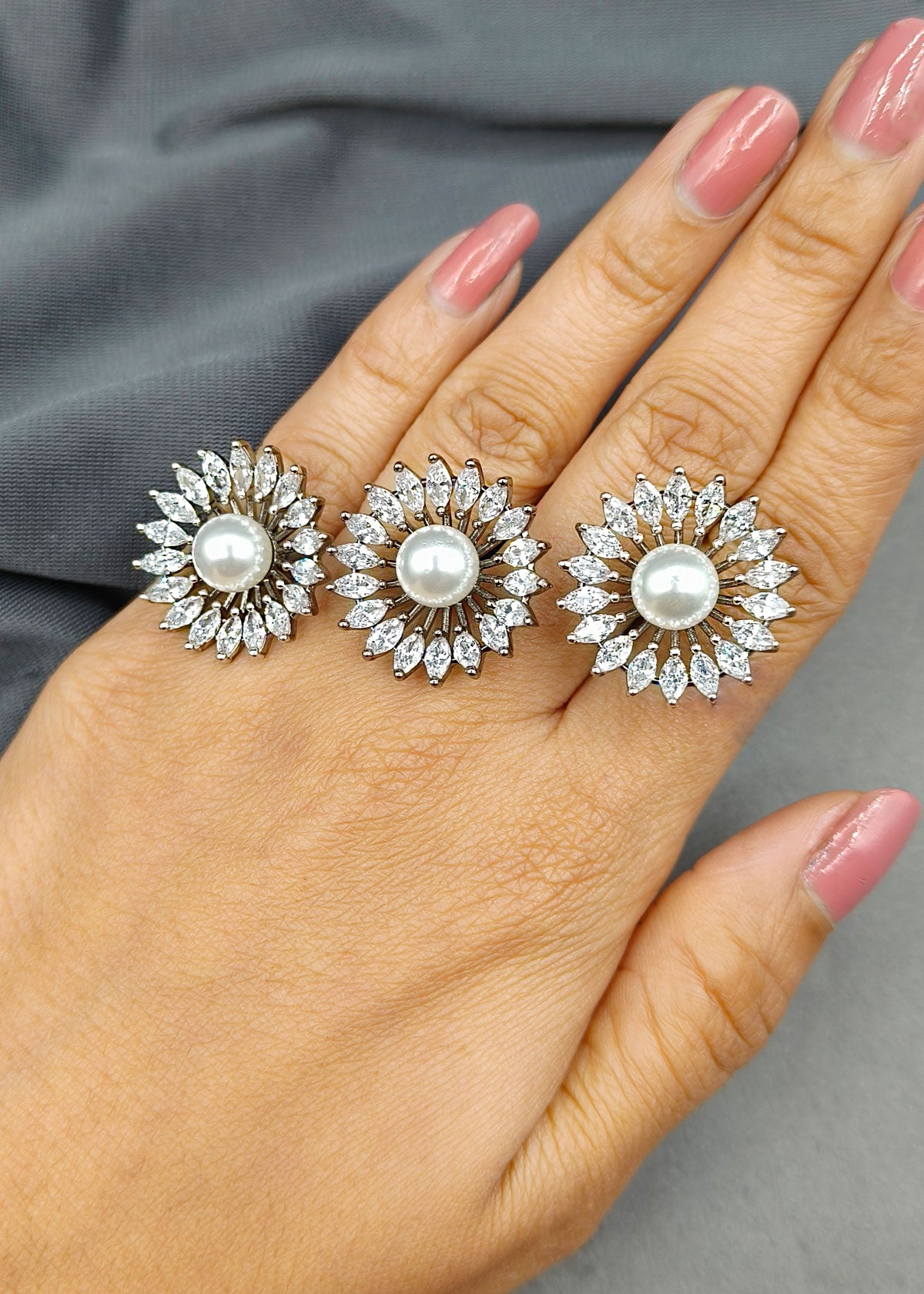 Marquise Diamond Black Polish Floral 3 Fingers Adjustable Big Pearl Finger Ring