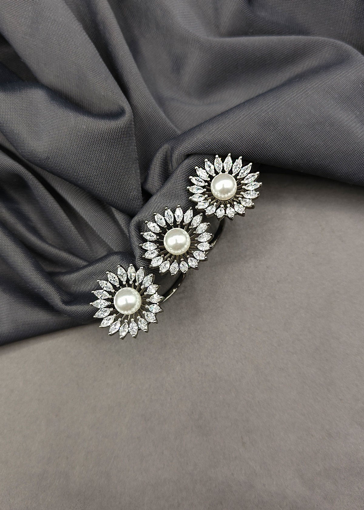 Marquise Diamond Black Polish Floral 3 Fingers Adjustable Big Pearl Finger Ring