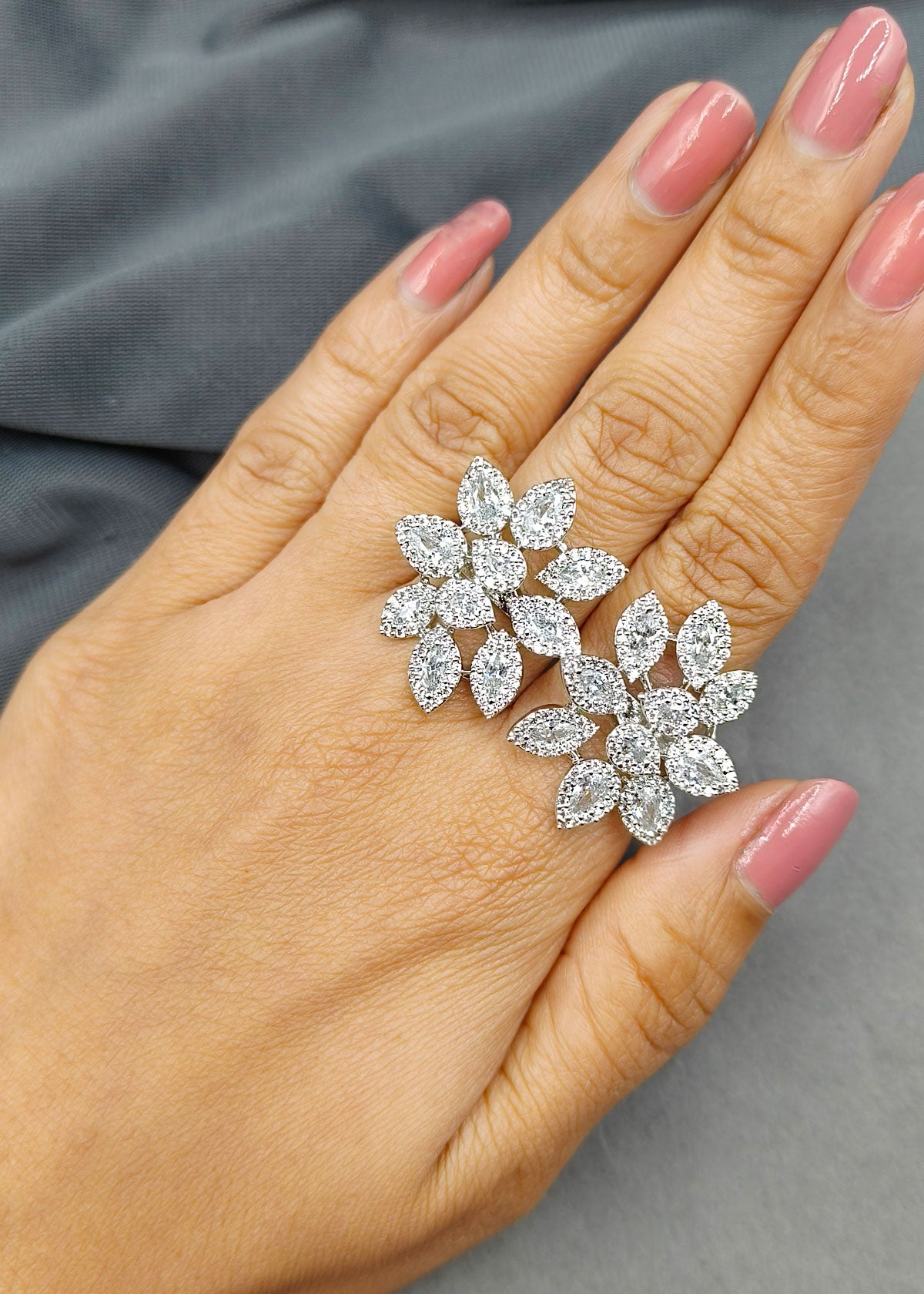 Floral Cluster Marquise Diamond Silver Plated 2 Finger Adjustable Ring For Women