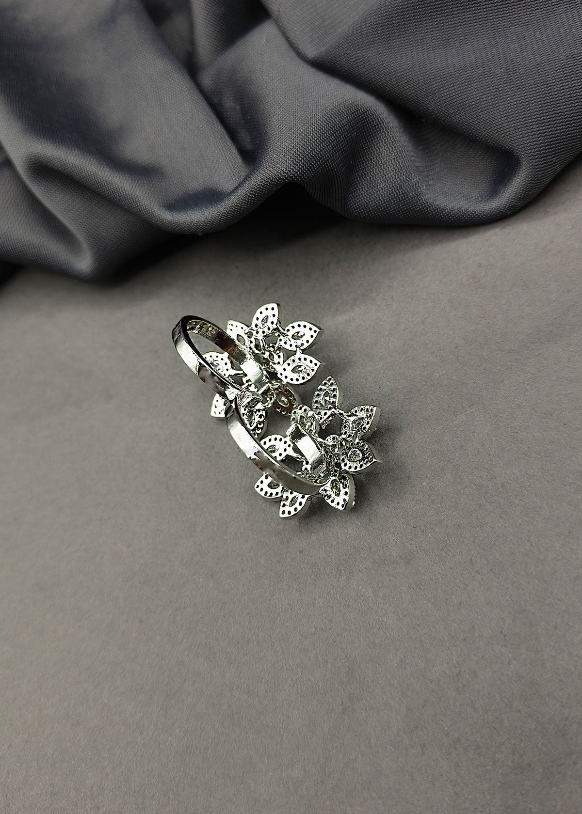 Floral Cluster Marquise Diamond Silver Plated 2 Finger Adjustable Ring For Women