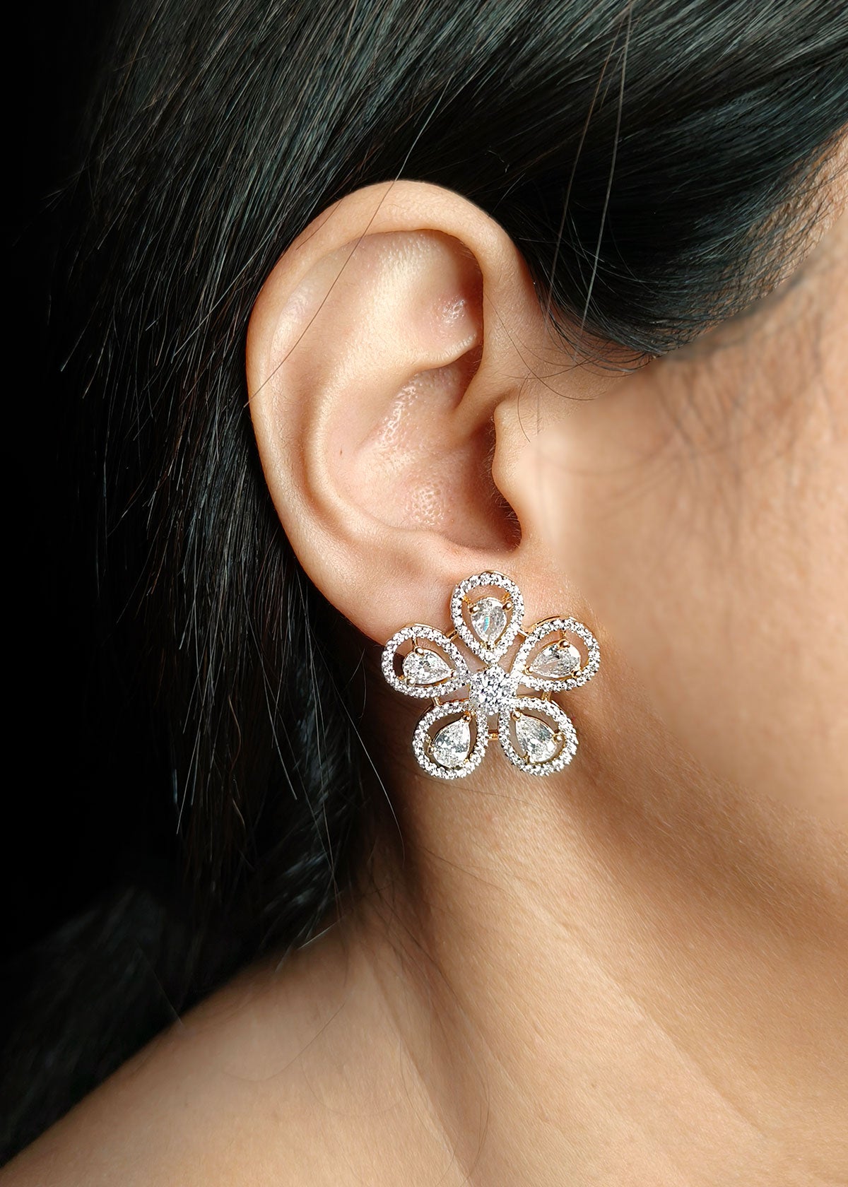Marquise Diamond Big Floral Design Silver-Gold Plated Stud Earring For Women