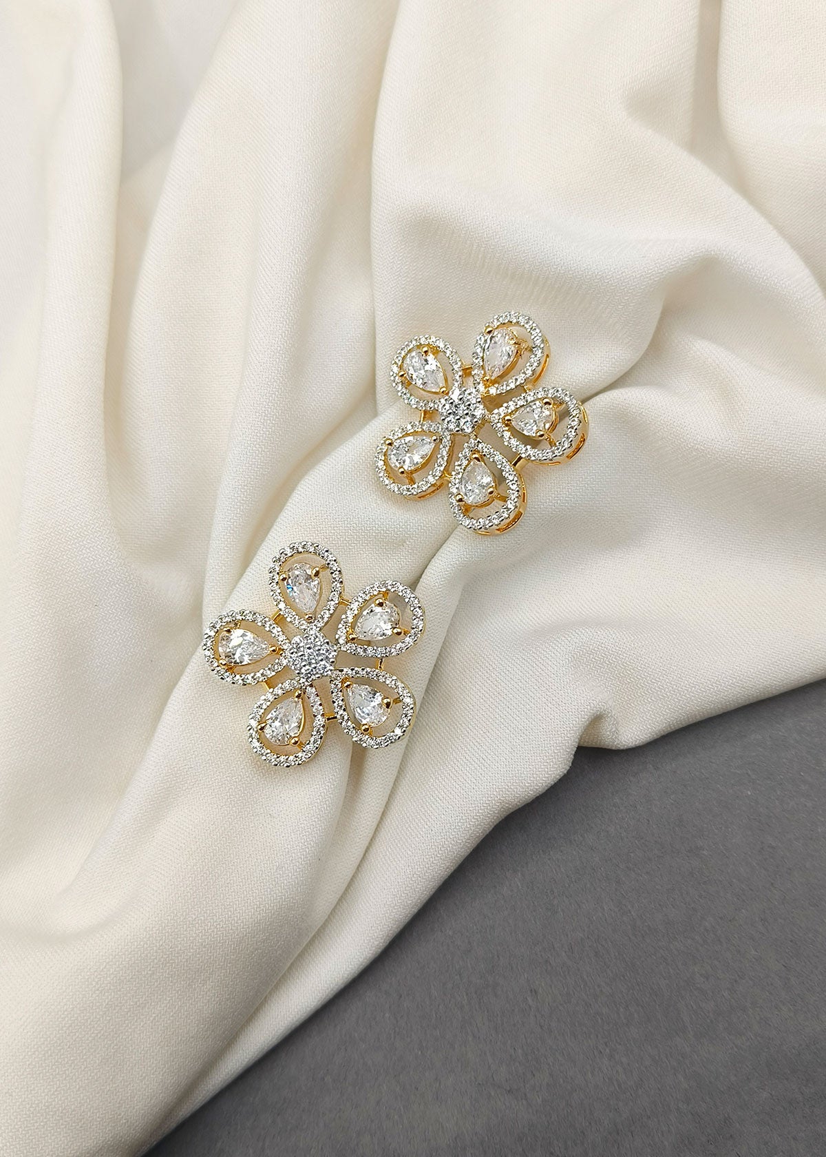 Marquise Diamond Big Floral Design Silver-Gold Plated Stud Earring For Women