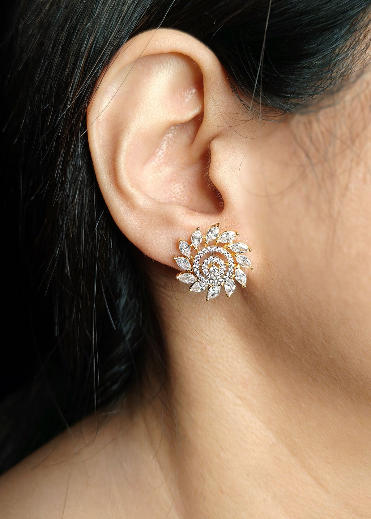 Floral Swirl Marquise Diamond Silver-Gold Plated Stud Earring For Wome