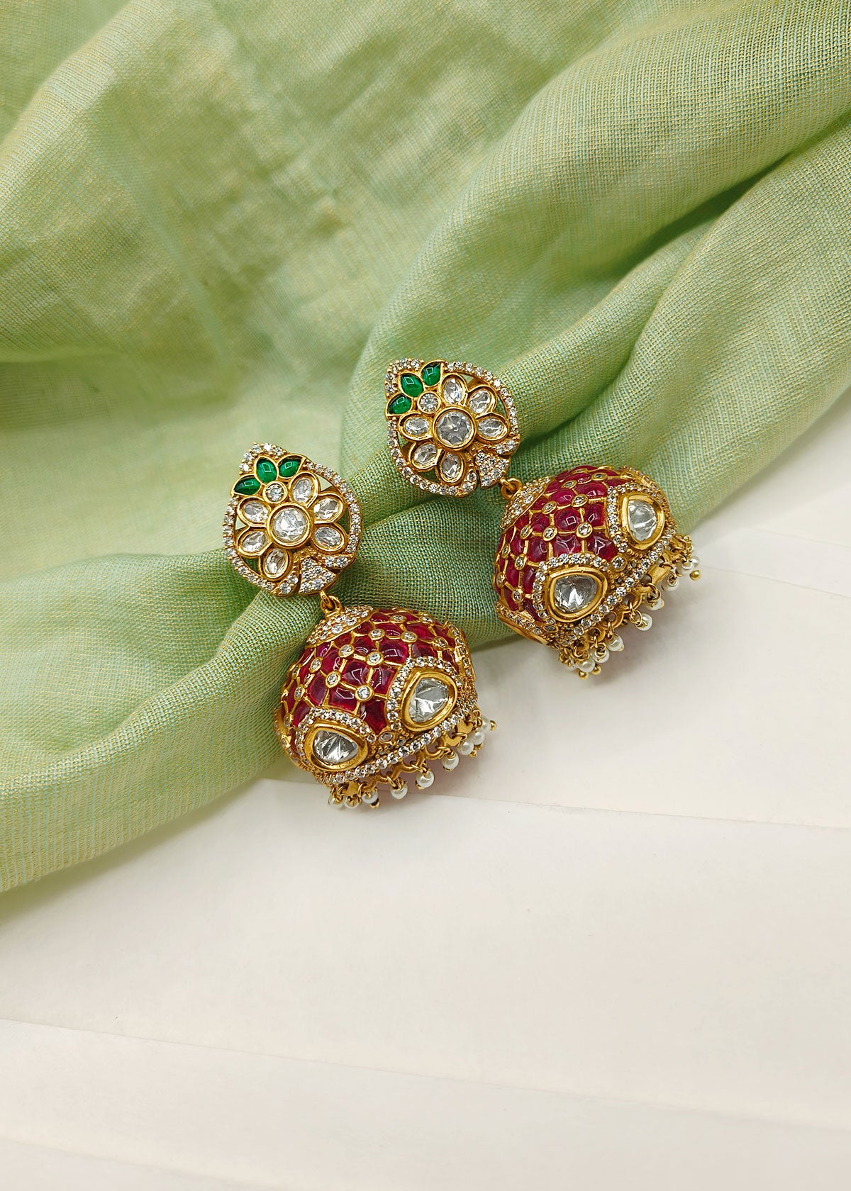 Cubic Zircon Colourful Ethnic Style Antique Gold Big Kundan Jhumka Earring
