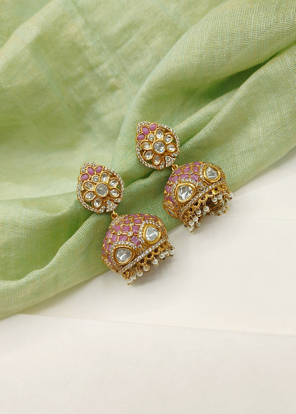 Cubic Zircon Colourful Ethnic Style Antique Gold Big Kundan Jhumka Earring
