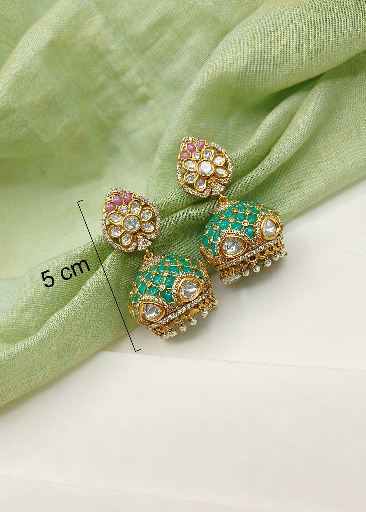 Cubic Zircon Colourful Ethnic Style Antique Gold Big Kundan Jhumka Earring