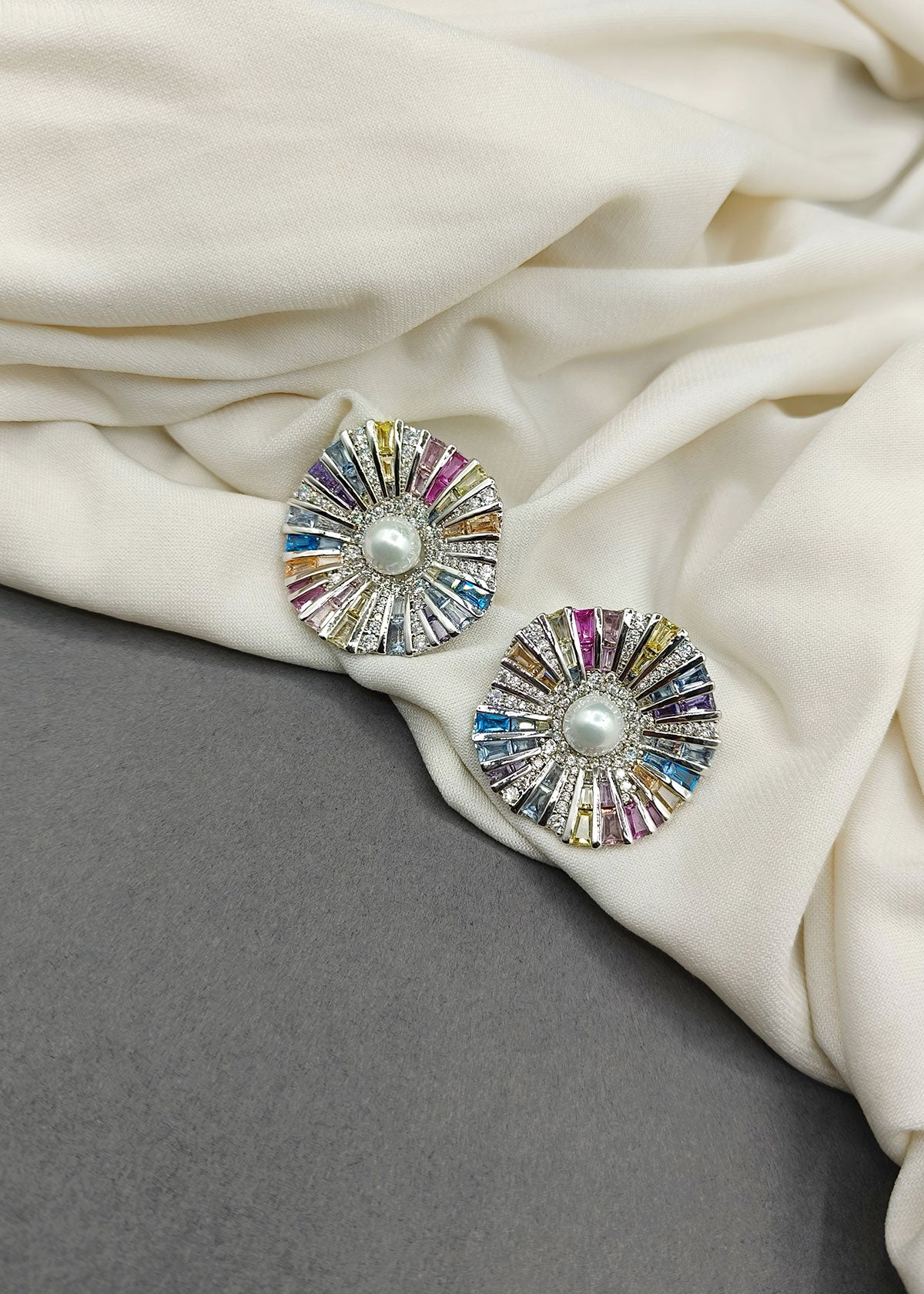 Colourful Pearl Diamond Big Round Stud Earring For Women