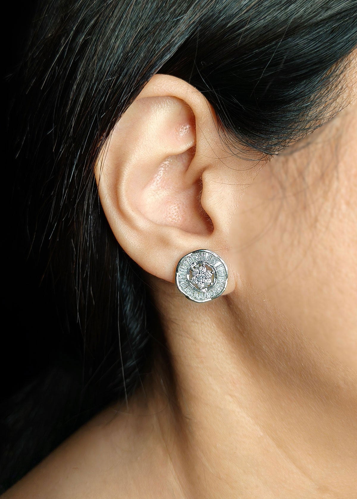 Elegant Silver Plated Baguette Halo Diamond Studs Earrings For Women
