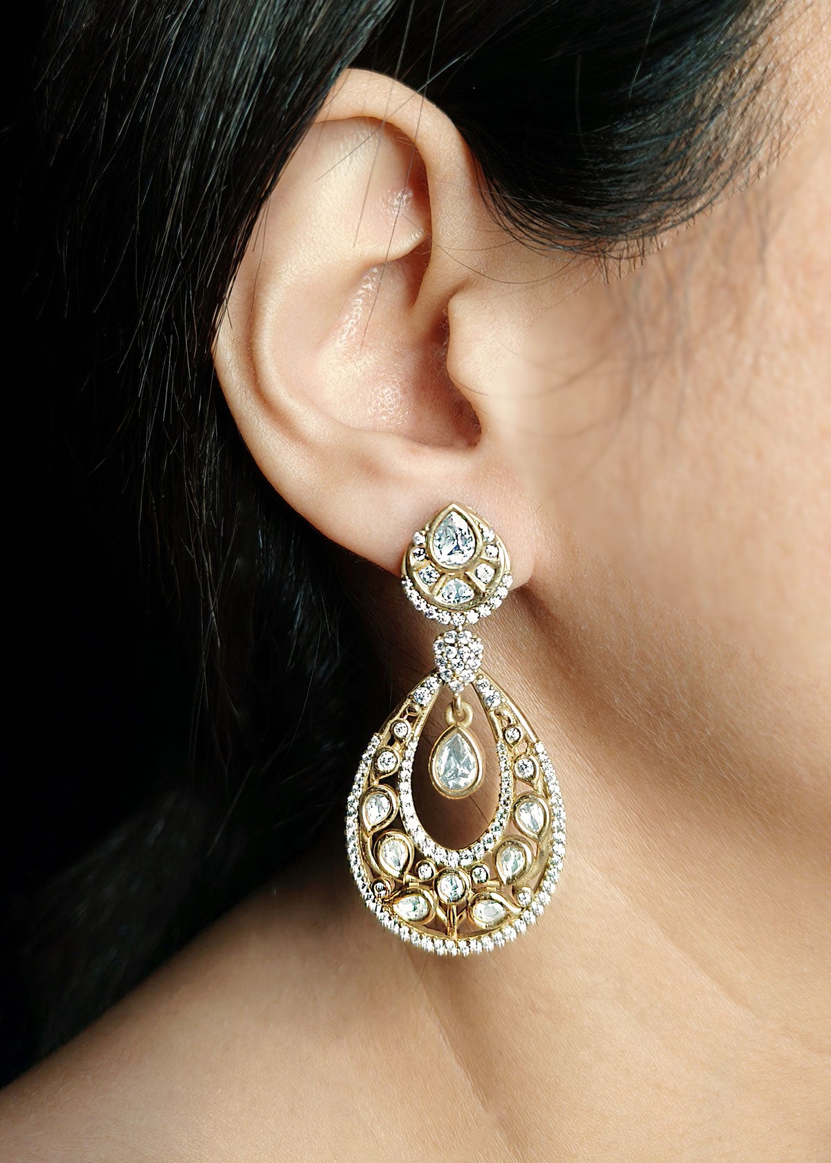 Royal Drop Shape Kundan And Cubic Zircon Antique Gold Plated Traditional Earrings For Women