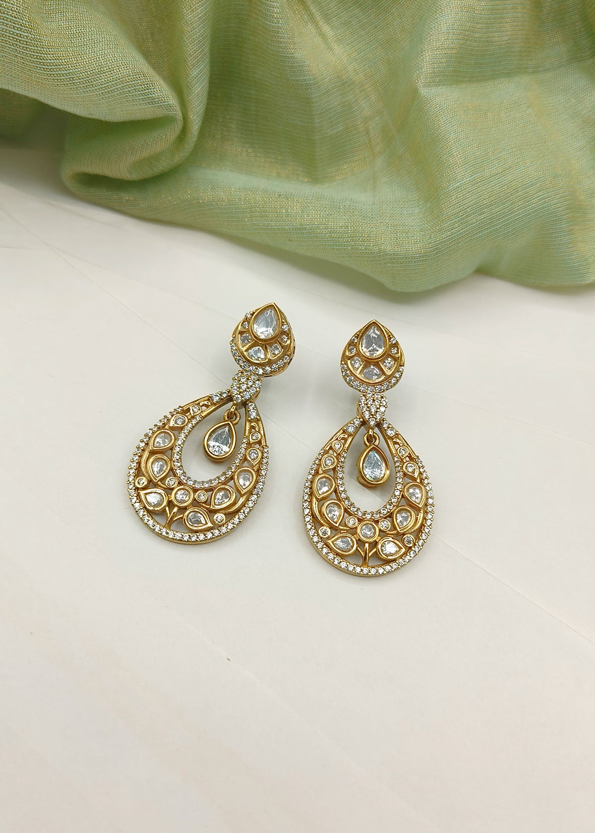 Royal Drop Shape Kundan And Cubic Zircon Antique Gold Plated Traditional Earrings For Women