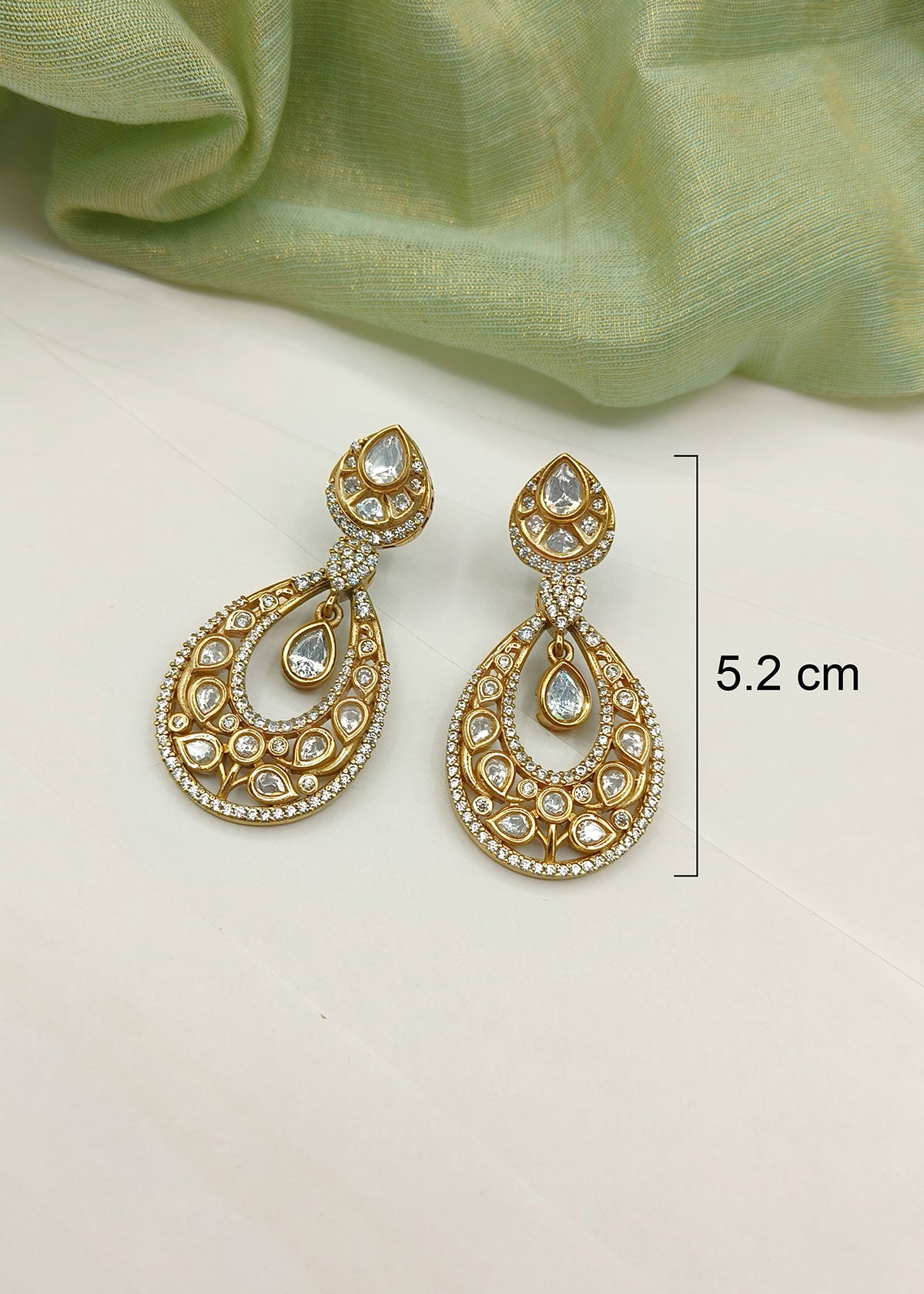 Royal Drop Shape Kundan And Cubic Zircon Antique Gold Plated Traditional Earrings For Women
