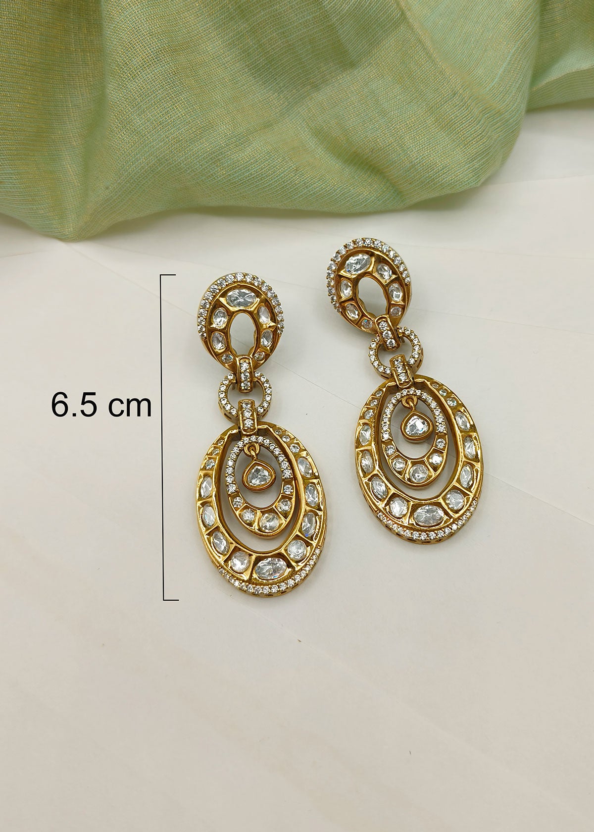 Radiant Triple Hoop Style Kundan & Cubic Zircon Antique Gold Plated Long Earrings for Women