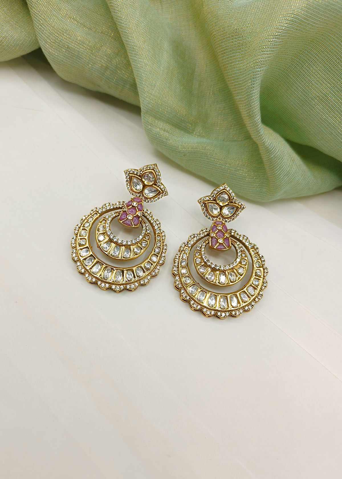 Traditional Kundan And Cubic Zircon Meenakari Antique Gold Plated Chandbali Earring